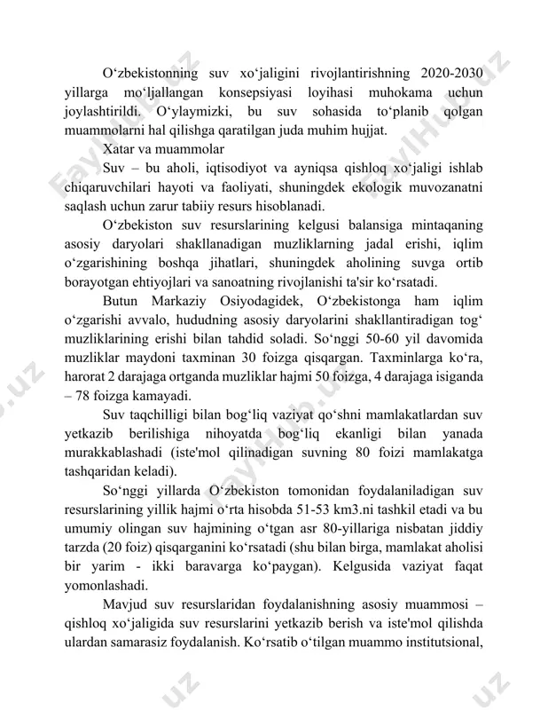 qsiz infratuzilma bilan bog‘liq. o‘nlab yillar davomida foydalanilgan sug‘orish tizimlari va gidrotexnik inshootlarning eskirishi, yuqori energiya sarfi va texnologik asbob-uskunalar hamda inshootlarning past mahsuldorligi suvning sezilarli darajada yo‘qotilishiga va uni iste'molchilarga yetkazib berishda yuqori xarajatlarga olib kelmoqda. mamlakatdagi magistral va xo‘jaliklararo kanallarning 66 foizi filtratsiyaga qarshi qoplamalarga ega emas, ya'ni tuproqli o‘zandan oqadi. bundan tashqari, magistral va xo‘jaliklararo kanallarning 44 foizida ta'mirlash va tiklash ishlarini, 16 foizida rekonstruksiya ishlarini olib borish zarur. suv iste'molchilari uyushmalari va fermer xo‘jaliklari balansida bo‘lgan xo‘jalik va ichki xo‘jalik tarmoqlarining 42 foizi ta'mirlash va tiklashga, 10 foizdan ko‘p qismi esa rekonstruksiyaga muhtoj. mavjud lotok tarmoqlarining asosiy qismi qariyb 30 yildan buyon texnik xizmat ko‘rsatilmasdan foydalanilmoqda, shu sababli lotok tarmoqlarining 70 foizi qoniqarsiz holatda hamda ularni rekonstruksiya qilish va almashtirish talab qilinadi. bunday holatda manbalardan nasos stansiyalari yordamida olinadigan yoki o‘zioqar suvlarning 35-40 foizi sug‘orish tizimlari (tarmoqlari)da yo‘qotiladi. suv xo‘jaligi balansida bo‘lgan nasos uskunalarining 60 foizidan …