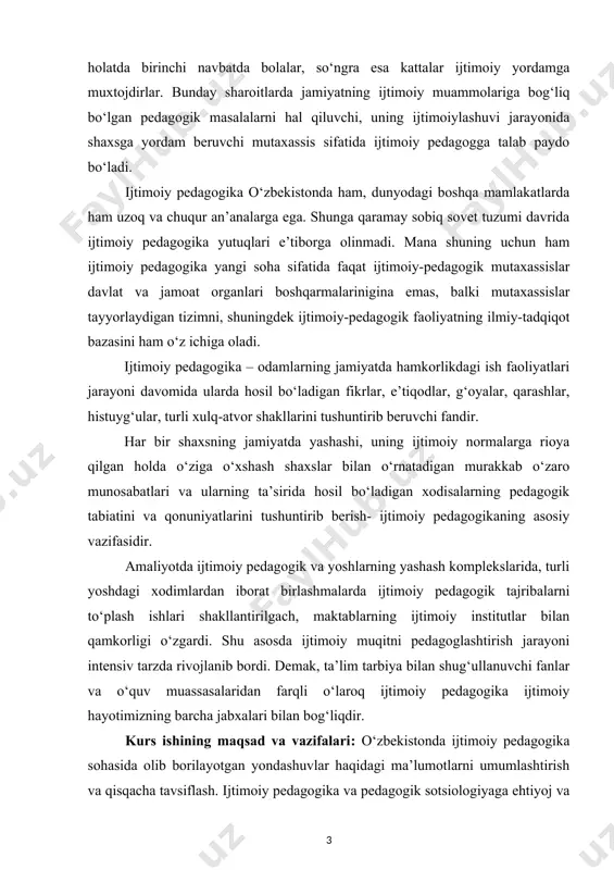 sohasida olib borilayotgan islohotlar mazmun-mohiyati .ijtimoiy sohani rivojlantirishning ustuvor yo‘nalishlari.ijtimoiy pedagogikaning jamiyat taraqqiyotida tutgan o‘rni va roli, jamiyatda ijtimoiylashuv jarayonining globallashuvi. ijtimoiy pedagogika rivoji. mustaqillik davrida ijtimoiy pedagogik tadqiqotlar va ularni amalga oshirishda olib borilgan sayi-harakatlar. kurs ishning tadqiqot uslubi va uslubiyoti: ilmiy ommabop manbalardan to‘plangan ma’lumotlar tahlil qilib,xulosa va takliflar qilish. kurs ishi tuzilishi: bajarilgan kurs ishi kirish qismi, ikkita bob va qilingan xulosalardan iborat. ishda o‘rganilishi e’tiborga olingan ma’lumotlar tushunarli ravishda ifodalash uchun chizma jadvallar va rasmlar berildi.ishga qo‘yilgan maqsadga erishishi uchun to‘plangan adabiyotlar manbalarning nomlari va elektron manzillari keltirildi. i bob. o‘zbekistonda ijtimoiy pedagogika va pedagogik sotsiologiyaga ehtiyoj va zamonaviy jamiyat rivojining zaruriy shartlari. 1.1. respublikamizda amalga oshirilgan islohotlar va ularning ijtimoiy hayotga ta'siri. mamlakatimiz mustaqillikka erishgach milliy tarbiya va ta’lim sohasida keng qamrovli islohotlarni amalga oshirish uchun zamin yaratdi. zotan, mustaqillik fikr-mulohazalarda ozod, o‘z haq-huquqini yaxshi taniydigan, izlanuvchan, zamonaviy bilimga ega, vatanga, ona zaminimizga sadoqatli, boqimandalikning …