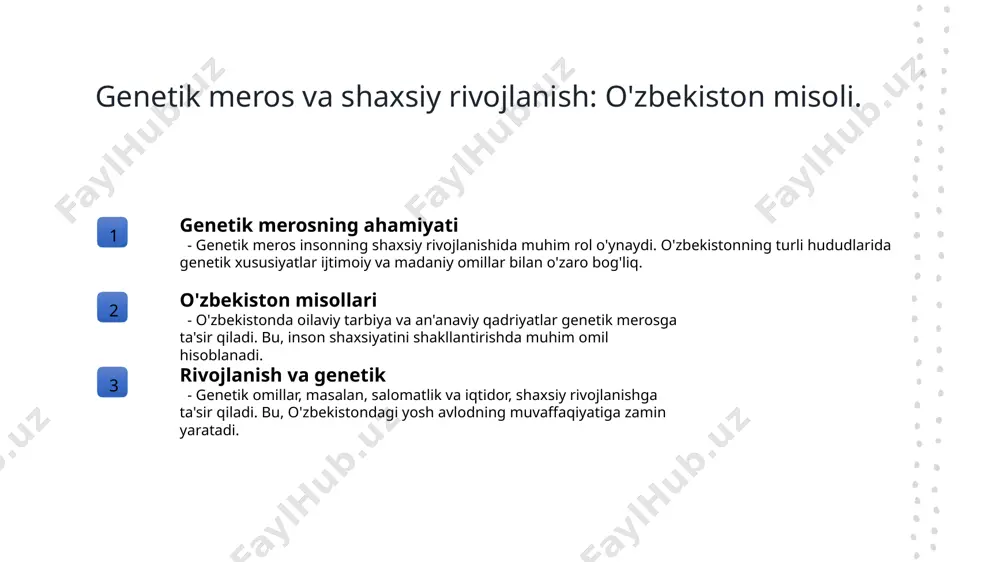 lanish atrof-muhitning ta'siri integratsiya va rivojlanish inson kamolotida genetik omillar asosiy rol o'ynaydi, bu esa shaxsiyat va ijtimoiy muvaffaqiyatga ta'sir qiladi. o'zbekiston misoli orqali bu jarayonni yanada chuqurroq tushunish mumkin. atrof-muhit genetik meros bilan birgalikda insonning shaxsiy rivojlanishida muhim o'rin tutadi. madaniyat va an'analar shaxsiyatni shakllantiruvchi omillar sifatida ajralib turadi. genetik rivojlanish va madaniy integratsiya bir-birini to'ldiradi. o'zbek madaniyati misolida bu jarayonlar qanday amalga oshirilishini ko'rish mumkin. bu bilimlar kelajakda shaxsiy o'sishga yordam beradi. foydalanilgan adabiyotlar 1. holm, j. r. genetika va inson kamoloti. toshkent: fan va texnologiya, 2022 2. yusupov, a. madaniyat va genetik rivojlanish. toshkent: o'zbekiston milliy universiteti, 2021 3. rasulova, d. shaxsiy o'sishga ta'sir: genetik asoslar. o'zbekiston genetikasi jurnali, 2023 4. khamraev, s. inson kamolotining persogenetik nazariyalari. toshkent: o'zbekiston fanlar akademiyasi, 2020 5. anorov, m. genetik va madaniy rivojlanish: o'zaro bog'lanish. tashkent: o'zbekiston qishloq xo'jaligi jurnali, 2023 e'tiboringiz uchun rahmat! /docprops/thumbnail.jpeg