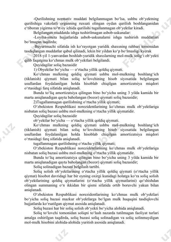 lik faoliyatini yuritishda ortiqcha va foydalanilmayotgan mol-mulkini sotishga qiziqishini uyg‘otish. ikkinchidan, korxonalar balansidagi mol-mulkdan samarali foydalanishni rag‘batlantirishdan iborat 2. yuridik shaxslarning mol-mulkiga solinadigan soliq bo‘yicha imtiyozlar va soliq stavkalari. mol-mulk solig‘i to‘lovchilar, soliqqa tortish obyekti va mol mulkning o‘rtacha yillik qoldiq qiymatini aniqlash tartibi. yuridik shaxslarning mol-mulkiga solinadigan soliqning soliq to‘lovchilari quyidagilardir: 1) soliq ob‘yekti hisoblanuvchi mol-mulkka ega bo‘lgan o‘zbekiston respublikasi yuridik shaxslari; 2) o‘zbekiston respublikasi hududida ko‘chmas mulkka ega bo‘lgan o‘zbekiston respublikasining norezidentlari bo‘lgan yuridik shaxslar. 3) agar ko‘chmas mulk mulkdorining joylashgan yerini aniqlashning imkoni bo‘lmasa, ushbu mulkka egalik qiluvchi va (yoki) undan foydalanuvchi shaxs soliq to‘lovchi hisoblanadi. 4) agar yuridik shaxs ko‘chmas mulkni moliyaviy ijaraga (lizing) olgan bo‘lsa, u ham soliq to‘lovchi deb e‘tirof etiladi. yuridik shaxslardan olinadigan mol-mulk solig‘ini to‘lovchilar o‘zbekiston respublikasining rezidentlari o‘zbekiston respublikasi hududida soliq solinadigan mol-mulkka ega bo‘lsa mulkdorning joylashgan yeri aniq bo‘lmasa soliqni mulkdan foydalanuvchi to‘laydi o‘zbekiston respublikasi norezidentlari o‘zbekiston respublikasi hududida o‘z …