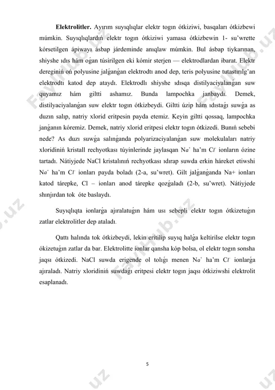 suyıq agregat halına ótkerip, elektroliz processin ámelge asırıwǵa boladı. bunday elektroliz balqıw elektrolizi dep ataladı. balqıw elektrolizinde ádette, oksid, siltili hám duzlardıń balqıwı arqalı elektr togı ótkiziledi. elektr shınjırınıń giltin qosıp, elektrolitte elektr maydanın payda etkende oń ionlar katodqa, teris ionlar anodqa qaray baradı. ionlar elektrodlarǵa jetip barǵannan keyin óz zaryadların elektrodlarǵa berip, neytral atomlarǵa aylanadı hám shógindi payda etedi. elektrodlarǵa qansha kóp ion barsa, olardıń betinde sonsha kóp zat jıynaladı. tómendegi tájiriybeni ótkereyik. elektrodlı shiyshe ıdıs elektrolit vannadaǵı suwǵa mıs kislotası (cus ) salıp, elektrolit payda eteyik. bunda mıs kislotası (c) hám (s) ionlarǵa ajıralàdı. elektr shınjırınıń gilti qosılǵanda elektrolitten i togı óte baslaydı (6-su’wret). elektrolittegi c ionları k katodqa, s ionları a anod tárepke qozǵaladı. waqıt ótiwi menen katodtaǵı mıs qatlamı qalıńlasadı. tok uzaq waqıt ótkerip turılsa, katodta sezilerli dárejede taza mıs zatı ajıralıp shıqqanın baqlaw múmkin. elektrolitten tok ótip atırǵanda elektrodlarda zat ajıralıp shıǵıw qubılısına elektroliz delinedi. …