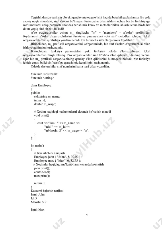 lda). parametrli konstruktordan qanday foydalanish kerak? hammasi oddiy! to'g'ridan-to'g'ri initsializatsiya: int a(7); // to’g’ri-to’g’ri initsializatsiya fraction drob(4, 5); //to'g'ridan -to'g'ri ishga tushirilganda, fraction (int, int) konstruktori chaqiriladi bu yerda biz kasrni 4 va 5 raqamlari bilan initsializatsiya qildik, natija 4/5! c++11 da biz bir xil initsializatsiyadan foydalanishimiz mumkin: int a { 7 }; // uniform-initsializatsiya fraction drob {4, 5}; biz parametrli konstruktor uchun faqat bitta parametrni belgilashimiz mumkin, ikkinchi qiymat esa standart qiymat bo'ladi: fraction seven(7); konstruktorlar uchun standart qiymatlar boshqa funksiyalar bilan bir xil ishlaydi, shuning uchun yuqoridagi misolda seven(7) ni chaqirganimizda, ikkinchi parametr 1 (standart) bo'lgan fraction (int, int) chaqiriladi. konstruktorlar uchun standart qiymatlar boshqa funktsiyalar bilan bir xil ishlaydi, shuning uchun yuqoridagi misolda yetti (7) ni chaqirganimizda, ikkinchi parametr 1 (standart) bo'lgan fraction (int, int) chaqiriladi. qoida: sinflaringiz obyektlari bilan to'g'ridan-to'g'ri initsializatsiyalash yoki uniform-initsializatsiya foydalaning. initsializatsiyani nusxalash oddiy o'zgaruvchilar singari, sinflar ham nusxa ko'chirish yordamida ishga tushirilishi …