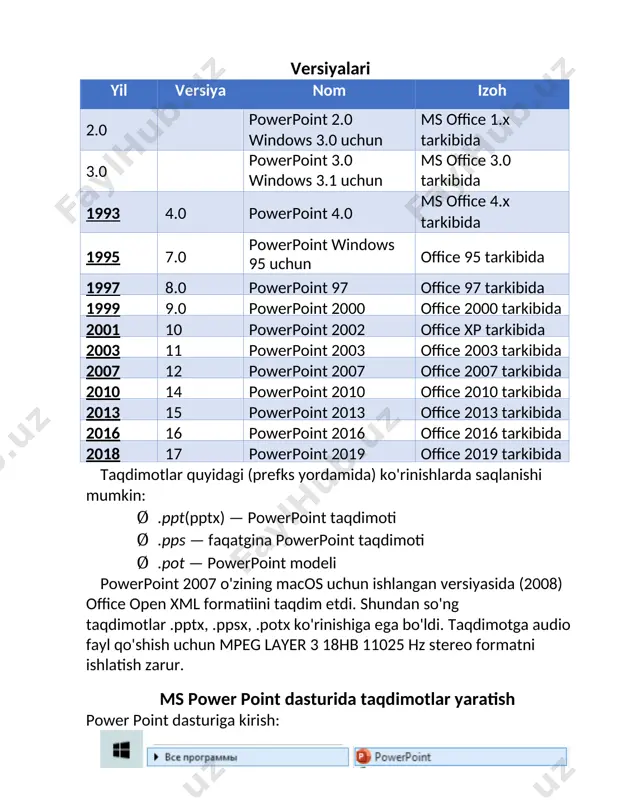 aqdimotga audio fayl qo'shish uchun mpeg layer 3 18hb 11025 hz stereo formatini ishlatish zarur. ms power point dasturida taqdimotlar yaratish power point dasturiga kirish: dastur ishga tushirilgach, eskiz va shablonlardan iborat bo’lgan oyna hosil bo’ladi: hosil bo’lgan oynaning pastki qismida foydalanuvchi shu kungacha foydalangan hujjatlar to’plami aks etadi. oynaning tepa qismida esa power point dasturining foydalanuvchiga takil etayotgan hujjat yara tiladigan dizaynlar eskizlari namoyon bo’lgan. bulardan foydalanuvchi o’ziga maqul bo’lgan dizaynni tanlaydi va natijada power point dast urining quydagi ishchi sohasi namoyon bo’ladi. oynaning eng yuqori qismida dasturning nomi, joriy oyna raqami va oynani tartibga solib turish elementlari joylashadi power point taqdimotlar muxarririning menyusi oynani yuqori qismida joylashgan bo’lib u 10 bo’limdan iborat: fayl, pravka, vid, vstavka, format, servis, tablitsa va okno. bu bo’limlar yordamida biz taqdimot, slayd va ularda joylashgan xar xil matn, rasm hamda boshqa istalgan obyektlar ustidan har xil amallarni bajarishimiz mumkin. endi bu bo’limlar bilan …