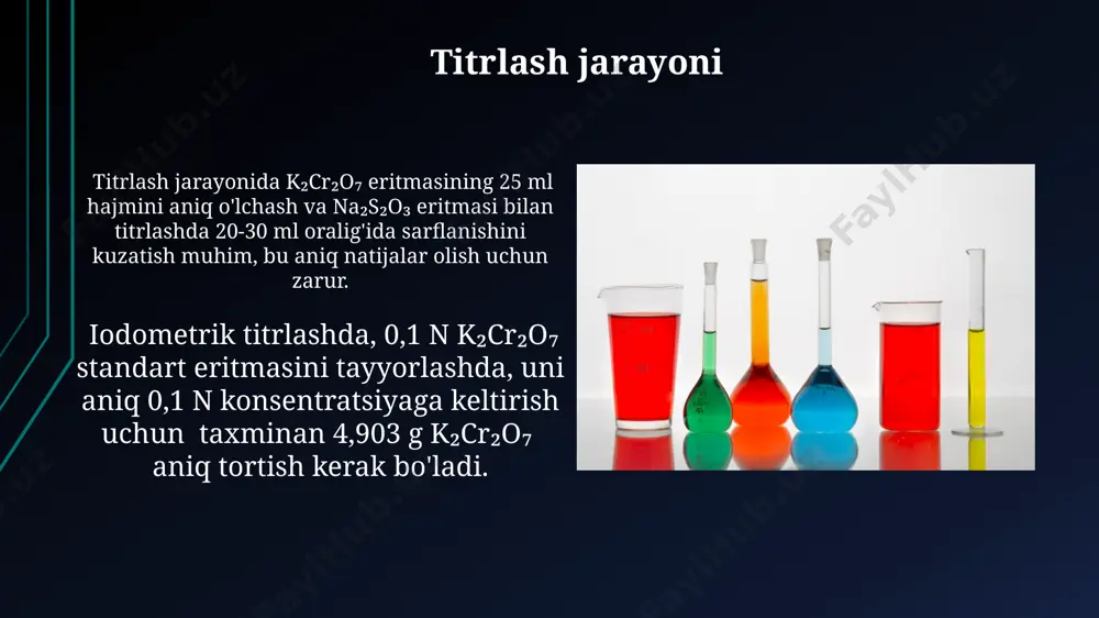 to'liq tozalash va quriting. natriy tiosulfat (na₂s₂o₃) eritmasini tayyorlash uchun distillangan suvdan foydalaning va eritma tayyor bo'lgandan so'ng uni 0,01 n ga standartlashtirish uchun k₂cr₂o₇ eritmasidan foydalaning. na2s2o3 ning dastlabki konsentratsiyasi na₂s₂o₃ ning dastlabki konsentratsiyasi taxminan 0,1 m bo'lishi kerak va aniq konsentratsiyasi kaliy dixromat (k₂cr₂o₇) standart eritmasi yordamida aniq iodometrik titrlash orqali aniqlanadi. na₂s₂o₃ ning dastlabki eritmasini tayyorlashda suvning qattiqligi ta'sir qilishi mumkin, shuning uchun distillangan suvdan foydalanish va eritmani qaynatish kerak, bu esa 0,01 m gacha bo'lgan xatolikni kamaytiradi. xulosa олинган натижаларни ишлов беришда, na₂s₂o₃ эритмасининг титрини ҳисоблашда моляр массалар ва реакция стехиометриясини ҳисобга олиш зарур, бу эса ҳисоблашларда юқори аниқликни таъминлайди. na₂s₂o₃ эритмасининг титрланишини аниқлаш учун 0,01м k₂cr₂o₇ эритмасидан 25 мл олиниб, иодметрик титрлаш усули билан 2-3 марта аниқ титрланиши лозим. xatoliklar manbalari iodometrit titrlashda indikatorning rang o'zgarish nuqtasini aniqlashdagi sub'ektiv xatoliklar ±0,1 ml atrofida bo'lishi mumkin va bu yakuniy natijaga ta'sir qiladi. k2cr2o7 ning namlikni yutish …