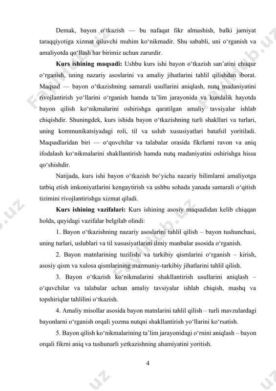rning ilmiy asarlarida yoritilgan. ayniqsa, o‘zbekiston maktab ta’limi tizimida yozma nutq, jumladan bayon o‘tkazish bo‘yicha darslik va metodik qo‘llanmalarda bu masalaga alohida e’tibor qaratilgan. shuningdek, zamonaviy pedagogik texnologiyalar, o‘quvchilarning yozma nutqini rivojlantirishda innovatsion yondashuvlar, muloqot kompetensiyasi kabi tushunchalar doirasida ham bayon o‘tkazish mavzusi tadqiq etilmoqda. pedagogik amaliyotda bayon orqali o‘quvchilarning mustaqil fikrlashi, matn tuzish ko‘nikmalarini rivojlantirish, uslubiy ongni shakllantirish yo‘nalishida metodik izlanishlar olib borilmoqda. demak, bayon o‘tkazish mavzusi ilmiy va amaliy nuqtayi nazardan dolzarb bo‘lib, uni o‘rganish ta’lim sifatini oshirishga, o‘quvchilarning nutqiy faolligini rivojlantirishga xizmat qiladi. kurs ishi tuzilishi: ushbu kurs ishi 2 bob, har bir bobda uchtadan qism, xulosa va foydalanilgan adabiyotlar ro‘yxatidan iborat bo‘lib 26 sahifani qamrab oladi. i bob. bayon turi va uning xususiyatlari. bayon — bu voqea-hodisani ketma-ketlikda, tushunarli, aniq va mantiqiy tarzda ifodalovchi matndir. u yozma va og‘zaki shaklda bo‘lishi mumkin. bayon matnlari o‘quvchilar va talabalar uchun nutqni rivojlantirishda muhim vosita hisoblanadi. ular orqali fikrni …