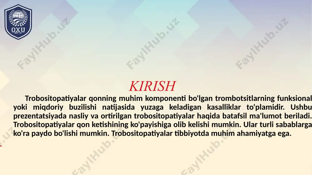 sini buzadi. masalan, dorilar, infeksiyalar yoki alerjiyalarning ta'siri ortirilgan trobositopatiyalarga olib kelishi mumkin. ushbu turdagi trobositopatiyalar ko'pincha davolanish bilan yaxshilanadi. bernard-soulier sindromi ba'zi dorilar trombotsitlarning funktsiyasini buzishi mumkin. masalan, aspirin va boshqa antikoagulyantlar trombotsitlarning yopishish qobiliyatini pasaytiradi. bu dorilar ko'pincha yurak-qon tomir kasalliklarini davolashda qo'llaniladi. biroq, ularni qabul qilishda ehtiyotkorlik zarur. trobositopatiyalar rivojlanishi mumkin, agar dorilar noto'g'ri qo'llanilsa. dorilar va trobositopatiyalar ba'zi infektsiyalar, masalan, virusli va bakterial kasalliklar, trombotsitlarning funktsiyasini buzishi mumkin. ushbu infektsiyalar qon ketishining ko'payishiga olib kelishi mumkin. viruslar, masalan, grip yoki hiv, trombotsitlarning ishlab chiqarilishiga ta'sir qilishi mumkin. infektsiya davrida organizmning immun tizimi trombotsitlar ishlab chiqarishni pasaytirishi mumkin. shuning uchun, infektsiyalarni davolashda ehtiyotkorlik zarur. infektsiyalar va trobositopatiyalar trobositopatiyalarni davolash usullari kasallikning turiga bog'liq. nasliy trobositopatiyalar uchun genetik maslahat va zarur hollarda qon o‘tkazish talab qilinishi mumkin. ortirilgan trobositopatiyalar esa, asosan, asosiy sababni bartaraf etish orqali davolanadi. antikoagulyantlar yoki trombotsitlar funktsiyasini yaxshilovchi dorilar qo'llanilishi mumkin. har bir bemor …