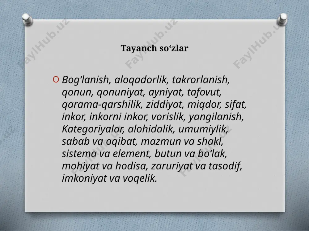 anglab olingan zaruriyatdir. har qanday qonunga xos belgilardan biri zaruriylik, ya’ni ob’ektiv tarzda amalga oshish, o‘z-o‘zidan namoyon bo‘lishdir. erkinlik esa ana shu zaruriylikni anglab olish va unga amal qilishdan iborat faoliyatni anglatadi. yuristlarda shunday ibora bor: «qonunni bilmaslik javobgarlikdan xolos qilmaydi». ana shu tufayli siz yuridik qonunlarni qancha yaxshi bilsangiz, o‘zingizning faoliyatingizni shunga moslab olib borasiz. demak, shuncha erkin bo‘lasiz. bu holda siz nima qonuniy, nima esa qonuniy emasligini yaxshi bilasiz, qonunga xilof qadamlar qo‘ymaysiz. yuqoridagi fikrlarni xulosa qilib, qonunga qo‘yidagicha ta’rif berish mumkin: qonun olamdagi narsa va hodisalarning muhim, zaruriy, umumiy va takrorlanib turuvchi bog‘lanishlari, o‘zaro aloqalari va munosabatlarining namoyon bo‘lishidir. endi qonunning belgilariga to‘xtalamiz: - qonun turli-tuman aloqadorliklar, bog‘lanishlardan faqat muhimlarini, ya’ni shunday bog‘lanishlarni ifodalaydiki, bular olamning mavjudligi, o‘zgarishlari va undagi narsa hamda hodisalarning mohiyatidan kelib chiqqan bo‘ladi; - qonun zaruriy bog‘lanishlarni ifodalaydi, ya’ni tasodifiy bog‘lanishlar, goh paydo bo‘lib, goh yo‘qolib ketadigan bog‘lanishlarga asoslanmaydi. - qonun narsa va …