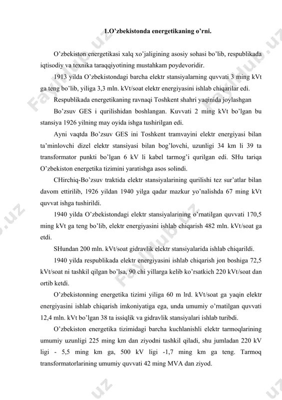 n 220 kv ligi - 5,5 ming km ga, 500 kv ligi -1,7 ming km ga teng. tarmoq transformatorlarining umumiy quvvati 42 ming mva dan ziyod. o’zbekiston energetika tizimining o’rnatilgan quvvatlari tarkibidagi issiqlik elektr stansiyalarining salmog’i 87% ni tashkil qiladi. farg’ona issiqlik elektrmarkazi (iem) 330 ming kvt quvvatga, muborak iem i 60 ming kvt, toshkent iem i 30 ming kvt kuvvatga ega. respublika energetika tizimining 3000 mvt li sirdaryo dtes i, 1250 mvt li navoiy dtes i, 1920 mvt li toshkent dtes i 730 mvt li taxiyatosh dtes i eng yirik issiqlik stansiyalari hisoblanadi. ularga har birining quvvati 150 mvt dan 300 mvt gacha bo’lgan 30 dan ortiq zamonaviy energetik bloklar o’rnatilgan. hozirgi vaqtda markaziy osiyoda eng yirik, loyiha quvvati 3200 mvt (800 mvt li 4 ta bloki) bo’lgan talimarjon dtes i qurilmoqda. chorvoq ges i (620 mvt), xo’jakent ges i (165 mvt), farxod ges i g’azalkent ges i (120 …