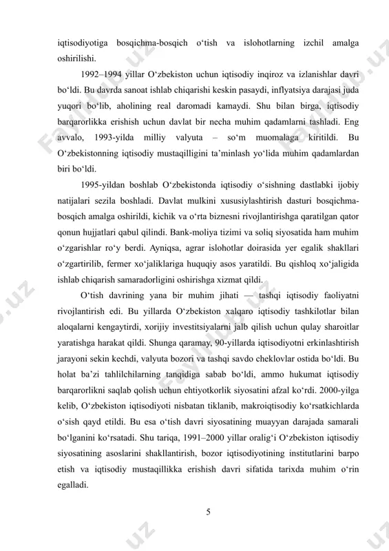 ari bozor talablariga muvofiq tartibga solindi. shu bilan birga, fond bozori va ko‘chmas mulk bozori uchun huquqiy asoslar yaratildi, davlat mulkini sotish, aksiyalar chiqarish va ulardan foydalanish mexanizmlari ishlab chiqildi. ushbu jarayonlar natijasida o‘zbekistonda bozor iqtisodiyoti uchun zarur bo‘lgan moliyaviy va huquqiy infratuzilmaning poydevori qo‘yildi. xususiylashtirish esa iqtisodiy islohotlarning yuragi hisoblanadi. o‘zbekistonda xususiylashtirish jarayonlari bosqichma-bosqich amalga oshirildi. dastlab, kichik korxonalar – do‘konlar, servis xizmatlari, ustaxona va restoranlar xususiylashtirildi. bu aholining xususiy mulkka bo‘lgan ishonchini mustahkamladi va tadbirkorlik muhitining shakllanishiga turtki berdi. kichik xususiylashtirish natijasida yuz minglab fuqarolar o‘z biznesini ochish imkoniga ega bo‘ldilar. kichik xususiylashtirishdan so‘ng, o‘rta va yirik korxonalarni xususiylashtirish bosqichi boshlandi. ushbu jarayon ko‘proq murakkab va uzoq davom etdi, chunki yirik korxonalarda davlat manfaatlarini saqlab qolish, ijtimoiy barqarorlikni ta’minlash va strategik tarmoqlarni nazorat ostida ushlab turish zarur edi. shu sababli, ba’zi yirik korxonalar aksiyadorlik jamiyatlariga aylantirildi, aksiyalarining bir qismi xususiy sektor va aholiga sotildi. xususiylashtirish jarayonlari o‘zbekiston davlat …