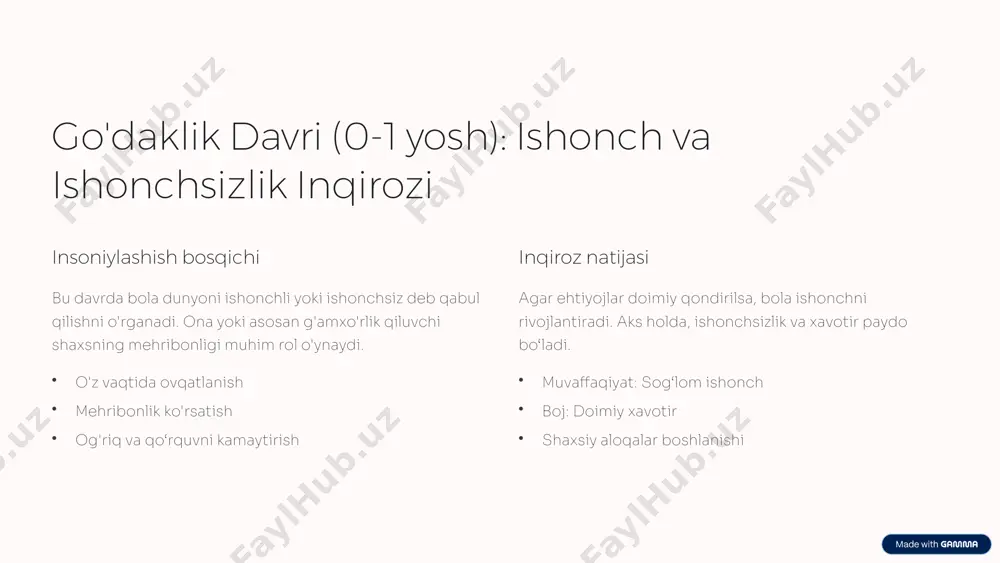 (40-65 yosh): generativlik va turg'unlik inqirozi 1 generativlik ushbu davrda inson jamiyatga, oilaga va kelajak avlodga foydali hissalar qo‘shishga intiladi. 2 turg'unlik agar ulush qo‘sha olmasa yoki o‘zini bekorchi deb hisoblasa, stagnatsiya va norozilik paydo bo‘ladi. 3 hayot ma'nosi generativlik hayotga ma'no, energiya va yangi maqsadlar berishga yordam beradi. 9 kech yetuklik davri (65+ yosh): butunlik va umidsizlik inqirozi 1 butunlik yoshga yetgan odam hayotini ko‘rib chiqib, o‘z yutuqlari va imkoniyatlari bilan kifoyalanadi. 2 umidsizlik agar inson o'tmishdagi xatolar va qoniqarsiz tajribalar haqida fikrlasa, afsus va umidsizlik yuzaga keladi. 3 qabul qilish hayotning yakuniy bosqichida qabul qilish va tinchlikka erishish muhim ahamiyat kasb etadi. 10 image1.png image2.png image3.png image4.png image5.png image6.png image7.png image8.png image9.png image10.png image11.png image12.png image13.png image14.png image15.png image16.png image17.png image18.png image19.png image20.png