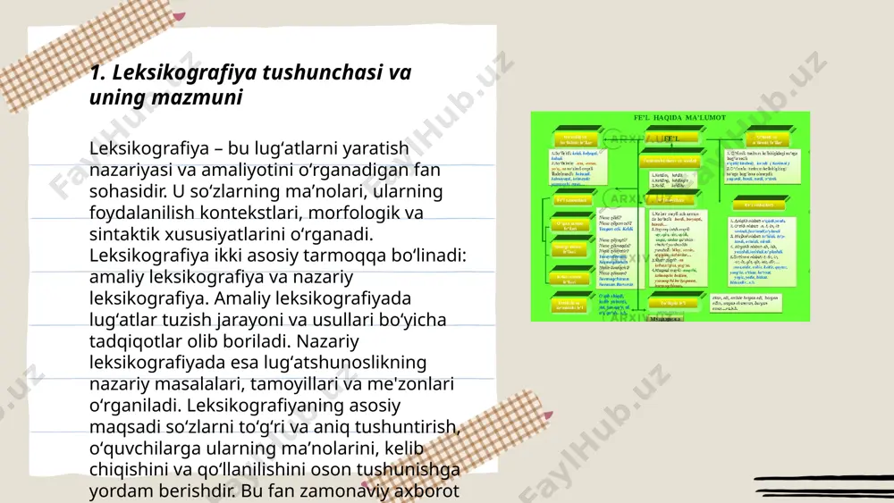 aydo bo'ldi va ularning internetda mavjudligi o'sib bordi. o'zbek leksikografiyasi hozirgi kunda ham rivojlanishda davom etmoqda. ... t.me/slaydai_bot oʻzbek tilida birinchi lugʻatlar 19-asrda paydo boʻla boshladi. mashhur "oʻzbekcha-ruscha lugʻat"ni 1888-yilda k.s. golovachyov tuzgan. bu lugʻat oʻzbek tilini o‘rganish uchun muhim vosita boʻlgan. keyinchalik v.v. radlov va boshqa tilshunoslar ham oʻzbek tili boʻyicha lugʻatlar yaratishga hissa qoʻshishdi. 20-asrda alisher navoiy va boshqa klassik adabiyot vakillarining asarlari asosida lugʻatlar ishlab chiqildi. 1934-yilda oʻzssr fanlar akademiyasi tomonidan "oʻzbek tilining izohli lugʻati" chop etildi. bu lugʻatlar o‘zbek tili ixlosmandlari va tadqiqotchilari uchun asosiy manba vazifasini o‘tagan. 1960-yillarda ham o‘zbek tili lug‘atlari va grammatikasi boʻyicha izlanishlar davom etib, lugʻatlarning yangi nashrlari chiqarildi. leksikografiya haqida ma'lumot. leksikografiyaning maqsad va vazifalari. o'zbek lug'atchiligi tarixidan qisqacha ma'lumot. habiyaliyeva madina e'tiboringiz uchun raxmat! image1.png image2.png image3.png image4.png image5.png image6.png /docprops/thumbnail.jpeg