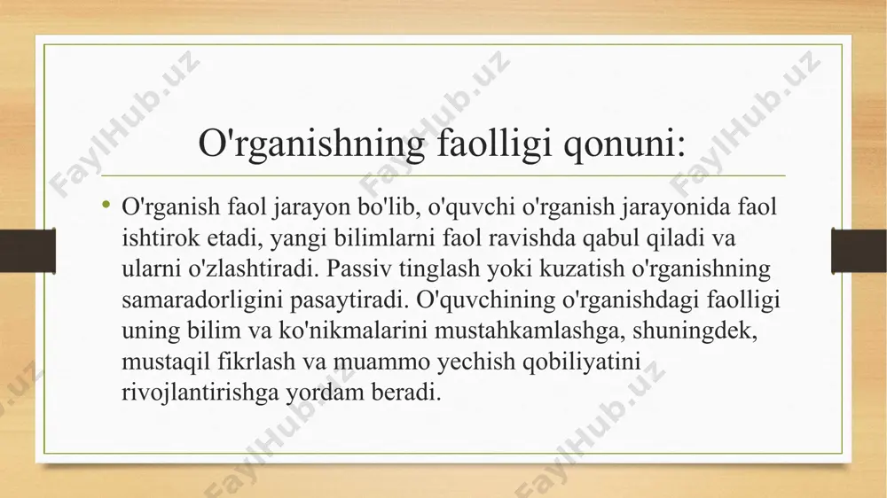 ar kiradi: ilmiylik tamoyili: ta'lim jarayoni ilmiy bilimlarga, zamonaviy pedagogik va psixologik tadqiqotlar natijalariga asoslanishi kerak. bu o'quv materialining haqiqiyligi va ishonchliligini ta'minlaydi. tizimliva izchillik tamoyili: ta'lim jarayoni mantiqiy va tizimli ravishda qurilishi kerak. o'quv materiallari o'quvchilarning bilim darajasi va yoshiga mos ravishda tanlanishi va taqdim etilishi kerak. shaxsiy yondashuv tamoyili: har bir o'quvchining individualxususiyatlarini hisobga olish va o'quv jarayonini ularning ehtiyojlariga moslashtirish kerak. differensatsiya va individualizatsiya usullaridan foydalanish tavsiya etiladi. ko'p qirrali yondashuv tamoyili: ta'lim jarayonida turli xil o'quv usullari va vositalaridan (interaktiv usullar, multimedia, amaliy mashg'ulotlar) foydalanish kerak. bu o'quvchilarning turli xil o'rganish uslublarini hisobga olishga yordam beradi. . faollik tamoyili: o'quvchilar o'rganish jarayonida faol ishtirok etishlari kerak. ular mustaqil fikrlash, muammo yechish va o'zlarini ifoda etish imkoniyatiga ega bo'lishlari kerak. onglilik va mustaqillik tamoyili: o'quvchilar o'rganayotgan materiallarni chuqur anglashlari va mustaqil ravishda bilimlarni qo'llay olishlari kerak. o'z-o'zini nazorat qilish va baholash ko'nikmalarini rivojlantirish muhimdir. davomiylik tamoyili: ta'lim …