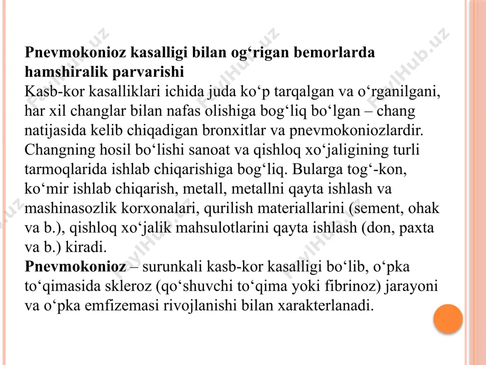 litiy ishlab chiqarish, keramika sanoatida ishlaydiganlarda uchrayli. kasallikning 1-bosqichi asosan kasb-kor zarralari omillari bilan 4–5 yil ishlagandan keyin aniqlanadi. so‘ng har 4–5-yilda 1-bosqich ikkinchisiga o‘tadi (tez rivojlanganda), har 10–20 yilda 1-bosqish ikkinchisiga o‘tadi (sekin rivojlangan turida). katta yoshdagi odamlarda, agar oldindan nafas olish tizimi kasalliklari bo‘lsa, kvars changlari konsentratsiyasi ortiq bo‘lsa, silikoz kasalligi bir necha oylarda ham boshlanishi mumkin. bu kasallikning xarakterli belgilaridan biri – ko‘krak qafasidagi og‘riqdir. silikozning eng ko‘p uchraydigan asorati tuberkulyoz bo‘lib, bu silikotuberkulyoz deb ataladi. bu kasallikda ko‘pincha spontan pnevmotoraks yuz beradi. pnevmoniya, bronxoektazlar juda kam uchraydi. silikoz fonida artrit rivojlanishi mumkin (turlar o‘zgargan holatda). bisinoz – paxta changi natijasida kelib chiqadigan kasallik bo‘lib, asosan klinik ko‘rinishi bronxospastik sindrom hisoblanadi. nafas qisish xuruji ish boshlangandan bir necha soat keyin boshlanadi (asosan ish haftasining boshida), odatda ish kunining oxirida to‘xtaydi. kasallikning rivojlangan davrida nafas qiyinlashadi, hansirash doimiy bo‘lib qoladi. nafas yetishmovchiligi kuchayib boradi, o‘pka gipertenziyasi rivojlanadi va …
