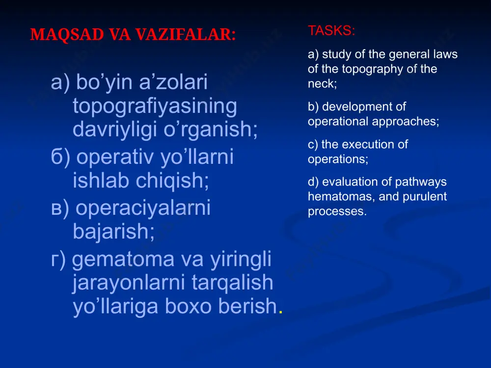 b kirish yo'llari: 1 – oldingi; 2 – orqa; 3 – burchaksimon; 4 – gorizontal. limfovenoz anastomoz – ko'krak limfa yo'li kesilib ketganda, shuningdek qizilo'ngach-oshqozon qon ketishi bilan kechayotgan portal gipertenziyada qo'llanilishi mumkin. bosh miya qon tomirlarida rekonstruktiv operatsiyalar: okklyuziya, tromboz. konikotomiya traxeostomiya: yuqori nafas yo'llari to'siqlarida nafas erkin o'tishini ta'minlaydi “o'lik” nafas bo'shlig'ini 2/3 ga, nafas qarshiligini ½ ga kamaytiradi bronx daraxtini faol drenajlash va unga dori moddalarini muttasil yuborishga imkon beradi uskuna yordamida uzoq vaqt sun'iy nafas oldirishga imkon beradi. traxeostomiyaning 3 turi farqlanadi. yuqori – traxeyaning 2- va halqalari qalqonsimon bez bo'yinchasidan yuqorida kesiladi; o'rta – qalqonsimon bez bo'yinchasi kesiladi va kekirdakning 3- va 4-halqalari kesib ochiladi; pastki – kekirdakning 4- va 5-halqalari qalqonsimon bez bo'yinchasidan pastda kesiladi. traxeyani ochish(traxeyatomiya) – operatsiyaning eng muhim bosqichi. traxeyani ochishdan oldin yo'tal refleksini pasaytirish uchun traxeya bo'shlig'iga 1 – 1,5 ml 2% dikain eritmasi yuboriladi. bolalarda traxeostomiya xususiyatlari traxeostomiya asoratlari: …