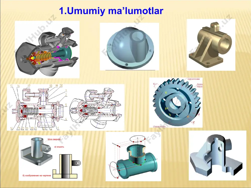 faqat bitta xosmas nuqta mavjuddir. 1) markaziy proeksiyalash; 2) parallel proeksiyalash. markaziy proyeksiyalash usuli markaziy proyeksiyalash usuli geometrik shakllarni tekislikda proyeksiyalashning umumiy holidir. markaziy proyeksiyalashda proyeksiyalar markazi s va proyeksiyalar tekisligi p beriladi (1.1-rasm). umuman geometrik ob’ektlarini proeksiyalash ikki xilda amalga oshiriladi avd uchburchakning markaziy proyeksiyasi apbpdp uchburchak bo’ladi (1.2-rasm). proyeksiyalar tekisligining ostida joylashgan e nuqtaning ep proyeksiyasi se∩p bilan aniqlanadi. proyeksiyalar tekisigida yotgan k nuqtaning kp markaziy proyeksiyasi nuqtaning o’zi bilan ustma-ust (kkp) tushadi. markaziy proyeksiyalashda proyeksiyalash markazi va buyumning proyeksiyasiga qarab uning fazodagi vaziyatini aniqlab (tiklab) bo’lmaydi. 1.1-rasm. 1.2-rasm. 1.3-rasm 2.markaziy proyeksiyalashning xossalari markaziy proyeksiyalashda geometrik shakllar quyidagicha tasvirlanadi. 1-xossa. nuqtaning markaziy proyeksiyasi nuqta bo’ladi. 2-xossa. sa nurda yotuvchi a, a1, a2, a3,… nuqtalarning markaziy proyeksiyalari ap nuqta bilan ustma-ust tushadi. 3-xossa. proyeksiyalash markazidan o’tmaydigan to’g’ri chiziq kesmasining proyeksiyasi kesma bo’ladi. proyeksiyalash markazi s dan o’tuvchi to’gri chiziqning markaziy proyeksiyasi nuqta bo’ladi. (1.4-rasm). 1.4-rasm. 1.5-rasm 3.parallel proyeksiyalash usuli …