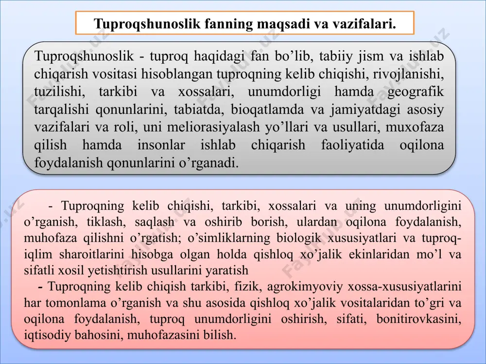 i alohida ta’kidlanadi: "biz tuproq haqida gapirganda o’simliklardan hosil olishni ta’minlaydigan yer shari quruqlik qismining yuqori g’ovak gorizontlarini tushunamiz". tuproqning bioqatlamdagi asosiy vazifalari. 1). tuproqning bioekologik vazifasi - tuproq ekologiya manbai va muhit bo’lib, unda ko’plab organik moddalar to’planadi. akademik v.a.kovdaning hisobicha yer yuzasida (asosan o’rmonlarda) to’planadigan biologik qism miqdori qariyb n·1013 tonnani tashkil etadi. yer osti ildiz qismi hamda hayvonot va mikroorrganizmlar faoliyati bilan bog’liq organik moddalar miqdori bundan kam emas. 2). tuproq qatlamining bioenergetik vazifasi. tuproq qoplamini o’z ichiga oluvchi ekologik sistemada o’simliklar har yili yerda taxminan n·1017 kkal miqdordagi kimyoviy aktiv energiya to’playdi. tuproqning o’zida organik moddalar (detrit, gumus-chirindi) da n·1018 kkal miqdorida energiya to’planadi. har bir tonna gumus 5·106 kkal potensial energiyaga ega. 1 g gumus 4,5-5 kkal kimyoviy energiya saqlaydi. 3) tuproq qoplamining azot oqsil to’plash vazifasi. tuproq - o’simlik tarzidagi ekologik sistema, atmosferadagi molekulyar n ni to’plab, ularni aminokislotlar va oqsillarga aylantirish xususiyatiga ega. …
