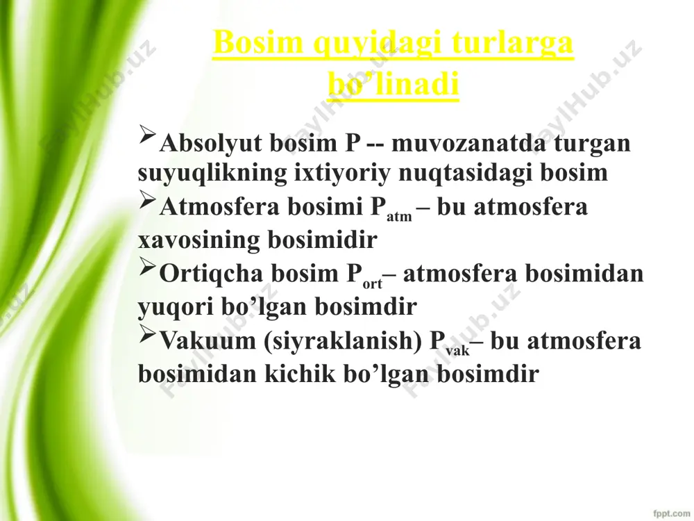latun naychadan iborat bo`lib, uning bir uchi kavsharlangan. bir uchi zanjir bilan tishli uzatmaga ilashtirilgan bo`ladiikkinchi uchi esa bosimi o`lchanishi zarur bo`lgan idishga bo`yin orqali tutashtiriladi. egik latun naycha bosim ta'sirida to`g`rilanishga harakat qilib, uzatma yordamida strеlkaning burilishiga sabab bo`ladi. bunday manomеtrlarda bosimni ko`rsatuvchi shkala bo`lib, shkalaning yo`li bosim miqdoriga to`g`ri kеladi elektron manometer turlari induksion tenzometrik qarshilikli sig’imli pezoelektrik arximed kuchi ρs – suyuqlik yoki gaz zichligi vjism – jism hajmi g – 9,81 n/kg arximed kuchining paydo bo'lish sababini gidrostatik bosim orqali tushuntirish mumkin foydalanilgan adabiyotlar gidravlika, a.umarov, o`zbekiston nmiu, 2002 gidravlika, j.nurmatov, ilm-ziyo nmiu, 2013 “gaz va suyuqliklar mexanikasi” fanida o’quv uslubiy majmua, k.baymanov, nukus 2008 www.aim.uz www.ziyonet.uz www.uz.wikipedi.org image2.jpg image3.wmf image4.jpg oleobject1.bin image5.png image6.png image7.jpg image11.png image12.jpg image13.png image14.png image15.wmf image16.png image17.png image18.png image19.png image20.png media1.mp4 image21.png image1.jpg