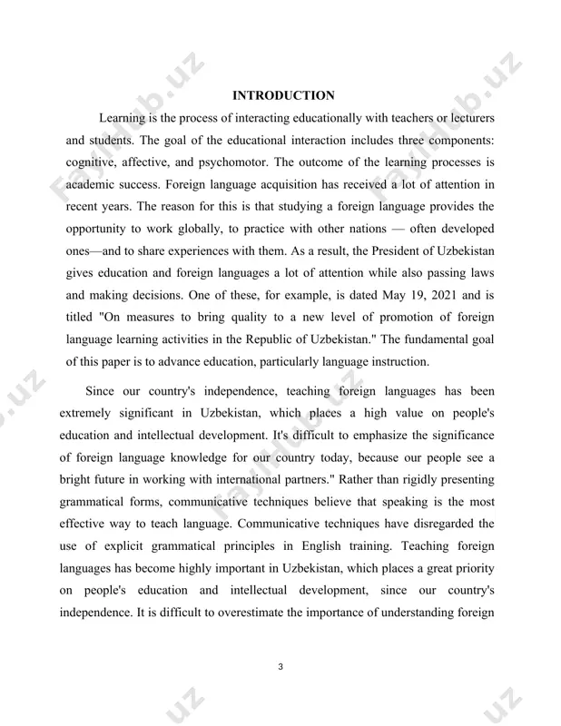 tion of foreign language learning activities in the republic of uzbekistan”. the aim of the course paper is to clarify the importance of extracurricular activities in teaching foreign languages, especially english. to give the main information and introducing some features. the object of the course paper is methodology, effective and modern methods which are used in teaching process. the main material of the course paper is used myriad of foreign and local authors’ researches, articles and statistics. the structure of the course paper includes introduction, two chapters, conclusion and list of used literature. the first chapter is devoted to analyze the importance of language learning and teaching; the second chapter discusses the effectiveness of extracurricular activities in teaching foreign languages. chapter i. significance of teaching and learning foreign languages 1.1 importance of learning and teaching foreign languages the cultural aspect of teaching and learning foreign languages has become increasingly important, …