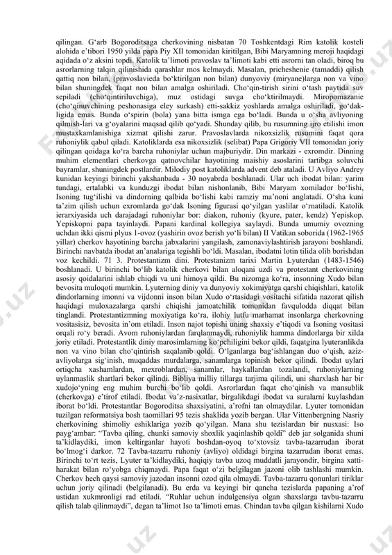 ag‘asida u dinning bilimdan afzal ekanligini targ‘ib qila boshladi. uning ta’limotiga ko‘ra, borliq inson aqli bilishga ojizlik qiladigan hodisadir, chunki uning ortida ulug‘ va qudratli yaratuvchining irodasi yashiringan. avgustinning taqdir haqidagi ta’limotida aytilishicha, xudoga imon keltirgan har bir kishi najot topganlar safidan o‘rin egallashi mumkin. chunki imon taqdir taqozosidir. xristianlikning asosiy oqimlari, yo’nalishlari20. xristian cherkovining katolik va pravoslav cherkovlariga iso xaloskor va mo’jizakorlar 20 dinshunoslik.haydarova h.b.durdona.buxoro.-b.79 66 ajralib ketishi rim papasi va istanbo‘l patriarxining xristian olamida еtakchilik uchun olib borgan raqobati oqibatida vujudga keldi. ajralish jarayoni rim iperiyasining g‘arbiy va sharqiy tafovutlari o‘sib chuqurlashib borayotgan asrlardayoq boshlangan edi. 867 yillar orasida papa nikolay va istambul patriarxi fetiy orasida uzil-kesil ajralish ro‘y berdi va bu ajralish 1054 yili rasman tan olindi. xvi asr boshlarida katolitsizmdan bir necha yevropa cherkovlari ajralib chiqishi natijasida xristianlikda protestanlik harakatlari vujudga keldi. buning davrasida lyuteranlik, baptizm, anglikanlik va kalvinizm cherkovlari shakllandi. bular bir cherkovning asosiy marosimlari …