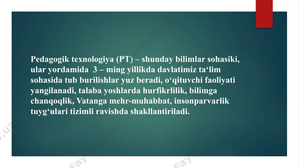 bosqich ta‘sir etishh natijasida mahsulot yaratishh borasidagi (ishchi-mashina)ning faoliyatidir. anna shu ta‘rifni tadqiqot mavzusiga ko‘chirish mumkin, ya‘ni: pt – bu o‘qituvchi (tarbiyachi)ning o‘qitish (tarbiya) vositalari yordamida o‘quvchi (talaba)larga muayyan sharoitda ta‘sir ko‘rsatish va aks ta‘sir mahsuli sifatida ularda oldindan belgilangan shaxs sifatlarining jadal shakllanishining kafolatlaydigan jarayondir. yuqorida keltirilgan ta‘rifdan ko‘rinib turibdiki, pt tushunchasini izohlahsda texnologiya jarayoni asos qilib olindi. aslini olganda ham bu tushunchaga berilgan ta‘riflar soni pedagogik adabiyotlarda nihoyatda ko‘pdir. pedagogik adabiyotlarda “texnologiya” atamasining xilma-xil ko‘rinishhlarini uchratish mumkin: “o‘qitish texnologiyasi”, “o‘quv jarayoni texnologiyasi” va hokazo. ptni fan sifatida e‘tirof etish g.k.selevko tomonidan ham ma‘qullandi: pedagogik texnologiya o‘qitishning birmuncha oqilona yo‘llarini tadqiq qiluvchi fan sifatida ham, ta‘limda o‘llaniladigan usullar, printsiplar va regulyativlar sifatida ham real o‘qitish jarayoni sifatida mavjuddir. g.k.selevko “ ” image1.jpeg image2.jpg image3.jpg image4.jpg image5.jpg image6.jpg image7.jpg /docprops/thumbnail.jpeg