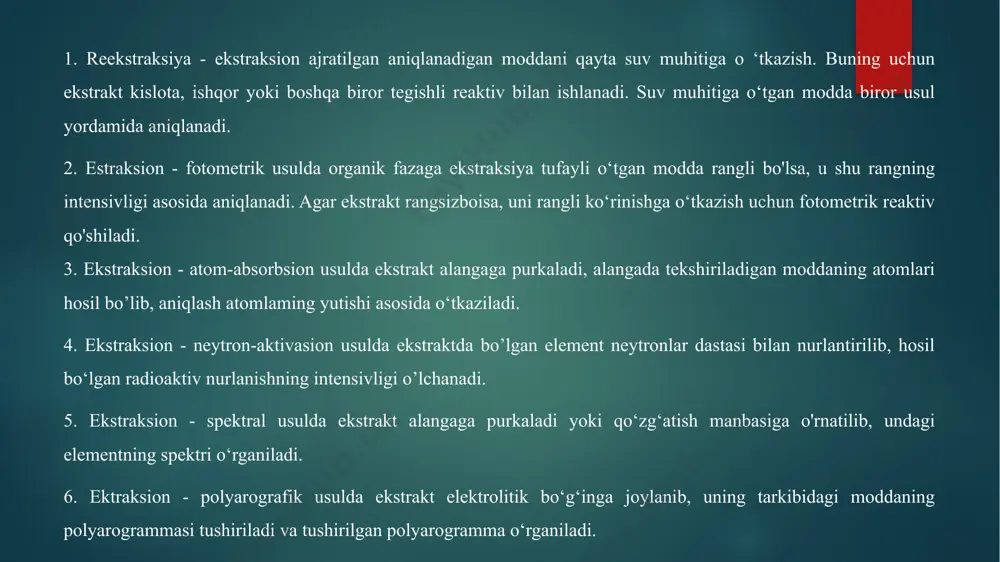 ometrik usulda organik fazaga ekstraksiya tufayli o ‘tgan modda rangli bo‘ lsa, u shu rangning intensivligi asosida aniqlanadi. agar ekstrakt rangsiz boisa, uni rangli ko‘rinishga o‘tkazish uchun fotometrik reaktiv qo'shiladi. 3. ekstraksion - atom-absorbsion usulda ekstrakt alangaga purkaladi, alangada tekshiriladigan moddaning atomlari hosil boiib, aniqlash atomlarning yutishi asosida o‘tkaziladi. 4. ekstraksion - neytron-aktivasion usulda ekstraktda boigan element neytronlar dastasi bilan nurlantirilib, hosil boigan radioaktiv nurlanishning intensivligi oichanadi. ekstraksion - spektral usulda ekstrakt alangaga purkaladi yoki qo‘zg‘atish manbasiga o‘matilib, undagi elementning spektri o‘rganiladi. 6. ektmksion - polyarografik usulda ekstrakt elektrolitik bo‘g‘inga joylanib, uning tarkibidagi moddaning polyarogrammasi tushiriladi va tushirilgan polyarogramma o‘rganiladi. ekstraksiyalanuvchi moddalar turli xil bo‘lib, ular o‘z kimyoviy tuzilishi, hosil bo‘lish, organik qavatga o‘tish mexanizmi bilan farqlanadi. ayrim ekstraksiyalanuvchi birikmalar oldin suvda hosil bo‘isa, ayrimlari ekstraksiya jarayonida vujudga keladi. suvda hosil bo‘ luvchilar gruppasiga kovalent bogianishli oddiy moddalar kiradi. ikkinchi tur birikmalarga xelatlar (bir necha halqali ichki kompleks birikmalar) misol …