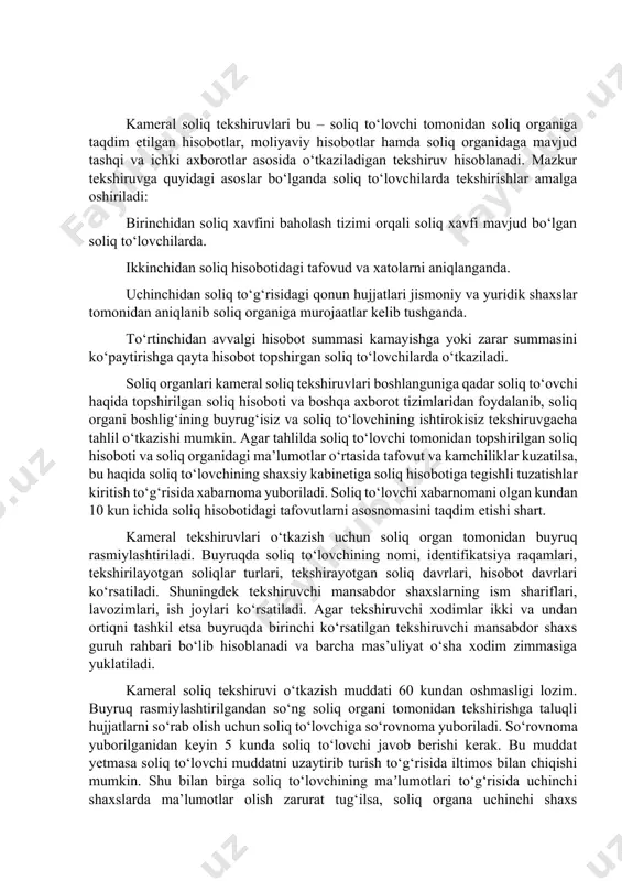 r shaxslarning ism shariflari, lavozimlari, ish joylari ko‘rsatiladi. agar tekshiruvchi xodimlar ikki va undan ortiqni tashkil etsa buyruqda birinchi ko‘rsatilgan tekshiruvchi mansabdor shaxs guruh rahbari bo‘lib hisoblanadi va barcha mas’uliyat o‘sha xodim zimmasiga yuklatiladi. kameral soliq tekshiruvi o‘tkazish muddati 60 kundan oshmasligi lozim. buyruq rasmiylashtirilgandan so‘ng soliq organi tomonidan tekshirishga taluqli hujjatlarni so‘rab olish uchun soliq to‘lovchiga so‘rovnoma yuboriladi. so‘rovnoma yuborilganidan keyin 5 kunda soliq to‘lovchi javob berishi kerak. bu muddat yetmasa soliq to‘lovchi muddatni uzaytirib turish to‘g‘risida iltimos bilan chiqishi mumkin. shu bilan birga soliq to‘lovchining maʼlumotlari to‘g‘risida uchinchi shaxslarda ma’lumotlar olish zarurat tug‘ilsa, soliq organa uchinchi shaxs kontragent joylashgan hududga topshiriqnoma bilan chiqishi mumkin, ya’ni u uchinchi shaxs toʻgʻrisidagi ma’lumotlarni ham olishim mumkin. bundan tashqari kameral soliq tekshiruvi soliq organi joylashgan joyda amalga oshiriladi bundan hudud va binolarni ko‘zdan kechirish mustasno, ya’ni agar soliq to‘lovchi tomonidan taqdim etilgan ma’lumotlarni haqqoniyligini tasdiqlashga zarurat tug‘ilsa, soliq organi soliq to‘lovchi joylashgan …