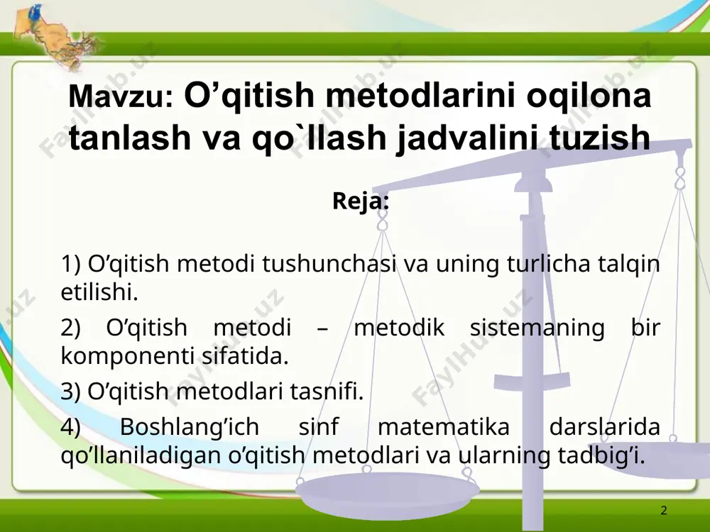 o’qituvchi va o’quvchilarning birgalikdagi ish faoliyatidir”. 7 o’qitish metodlari o’qituvchi va o’quvchilarning birgalikdagi faoliyatlari usuli bo’lib, bu faoliyat yordamida yangi bilimlar, malakalar va ko’nikmalarga erishiladi, o’quvchilarning dunyoqarashi shakllanadi, ularning qobiliyatlari rivojlanadi. 8 o’qitish maqsadi o’qitishni tashkil etish shakllari o’qitish mazmuni o’qitish metodlari o’qitish vositalari 9 s.i.perovskiy, ye.v.golant o’qitish metodlarini tasnif etishda ta’lim manbalarini hisobga olishgan. ular o’qituvchi nutqi, ko’rgazma qurol, darslik hamda qo’shimcha adabiyotlarni ta’lim manbalari sifatida qarab, ta’lim metodlarini 3 guruhga ajratishgan: 1) bilimlarni og’zaki bayon etish 2) ko’rgazmali 3) amaliy metodlar 10 m.a.danilov, b.r.yesipov o’zlarining qator ishlarida ta’lim jarayonining turli zvenolarida bajariladigan ishlar mazmunidan kelib chiqib, ta’lim metodlarini quyidagi guruhlarga ajratishgan. 1) bilimlarni o’rganishga oid metodlar 2) malaka va ko’nikmalarni shakllantirishga oid metodlar 3) bilim va malakalarni tadbiq etish metodlari 4) ijodiy ishlash metodlari 5) bilim va malakani mustahkamlash va tekshirish metodlari 11 kasbiy ta'lim bеrish, kasb-hunar sirlarini o’rganish juda qadim zamonlarda paydo bo’lgan. kasbiy malaka bеvosita mеhnat …