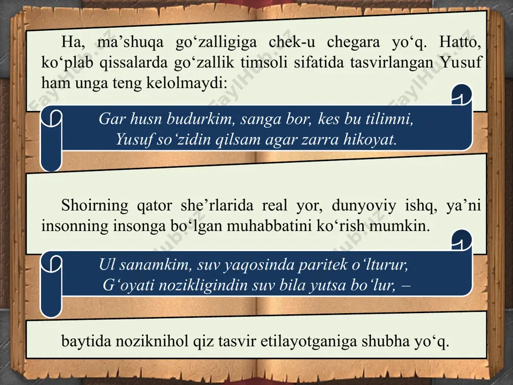 uzun» va «uzmasman» so‘zlaridagi o‘zakdosh «uz» takrorida ham xislat bor. buni ishtiqoq san’ati deydilar. bun ing ustiga, sochdan qilingan qilto‘r oshiqni o‘z tuzog‘iga olgani ham anglas hiladi. oshiq shu qadar xoksor va yalinchoqki, ma’shuqa ning «ayog‘i qanda bo‘lsa, oshiqning boshi anda». ya’ni u suyuklisi tashlagan qadamga bosh uradi. bu o‘rinda zidlik – tazod san’atidan foydalanadi: uzun sochingdin uzmasmen ko‘ngulni, ayog‘ing qanda bo‘lsa boshim anda. * she’rning maqta’si g‘oyat samimiy bir tuyg‘u ifodasi bilan yakun topgan: odamlar oshiqqa yuksak mansab-martabalar tilaydilar, lekin atoyi – «sarvi ozod»ga banda, ya’ni qul. buni u o‘zi istaydi. shu o‘rinda qizning go‘zal qaddi-qomati «sarvi ozod» orqali berilganini ko‘rish mumkin. mumtoz adabiyotda qad hamisha sarvga o‘xshatilib kelingan. «ozod» so‘zi lug‘atlarda tik, chiroyli o‘sgan sarvga aniqlovchi sifatida qo‘llanilgan. umumiy ma’nosi xushqomat go‘zalga to‘g‘ri keladi. lekin bu muhim emas, muhimi sarvning «ozod»ligi bilan oshiqning «banda», ya’ni qul ekani qarshilantirib tasvirlanayotganida: tilar el mansabi oliy va lekin atoyi sarvi ozodingg‘a …