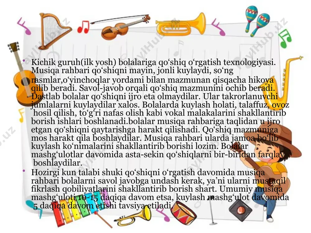 musiqa tinglashga bo’lgan ishtiyoqlarini qo’llab quvatlash va rivojlantirish. tinglangan asarninig mazmuni va harakterini ajrata olish, bu haqida suhbat qurish va o’z ta’surotlari bilan o’rtoqlashishga o’rgatish. kuy tovush va ohanglardan tuzilishi haqida tasavurga ega bo’lish. bolalarni musiqiy asarning 2 va 3 qismli shakli bilan tanishtirish, qismlar o’zgarishini farqlashga o’rgatish, fortepiano, g’ijjak, chang, qonun kabi cholg’ular bilan tanishtirish, ular ijrosidagi kuylardan bahramand qilish. musiqiy-ritmik harakatlarni bajarish: musiqa asarlarining qismlar o’zgarishiga mos harakatlarni o’zgartirish, marsh, qo’shiq, raqs kuylariga mos harakatlarni mustaqil bajarish, boshlovchining ketidan musiqaga mos yurish, yugurish va sakrash. raqs haraktlarini mustaqil ravishda aniq bajarish, qo’l harakatlarini erkin va mayin bajarishga o’rgatish. guruh bo’lib, kichik guruhlarga bo’linib, yakka holda harakatlanishga o’rgatish, xonaning bir qismidan ikkinchi qismiga (markazdan burchakka, o’ngdan chapga va h.k.) o’tishda o’z harakatlarini boshqara olish, raqs harakatlarining nomlarini bilish va aniq bajarish. 4-5 harakatni ketma-ket, o’zaro bir biriga bog’lab hamda musiqaga moslab ijro eta olish. raqslarda kayfiyatlarni bildiruvchi harakatlardan «yo’q», …