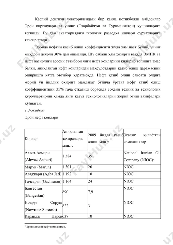 лиги асосий эътибори янги нефт конларини қидириб топишга эмас балки, аниқланган нефт конларидан маҳсулотларни қазиб олиш даражасини оширишга катта эътибор қаратмоқда. нефт қазиб олиш саноати олдига жорий ўн йиллик охирига мамлакат бўйича ўртача нефт казиб олиш коэффициентини 35% гача етказиш борасида соҳани техник ва технологик қуроллартириш ҳамда янги қазув технологияларни жорий этиш вазифалари қўйилган. 1.3-жадвал. эрон нефт конлари конлар аникланган захиралари, млн.т. 2009 йилда казиб олиш, млн.т. эгалик қилаётган компаниялар ахваз-асмари (ahwaz-asmari) 1 384 35 national iranian oil company (nioc) марун (marun) 1 301 26 nioc агаджари (agha jari) 1 192 10 nioc гачсаран (gachsaran) 1 164 24 nioc бангестан (bangestan) 890 7,9 nioc новруз соруш (nowrooz soroosh) 822 3 nioc карандж парси (karanj parsi) 637 10 nioc раге-сафид (rag-e-safid) 329 9 nioc жанубий форс (south pars) 178* 5,15 agip (италия) сирри (sirri) а+е/с+д 164 6,5 nioc салман (salman) 110 6,5 nioc доруд 1+2 (dorood 1+2) 82 10 nioc абузар …