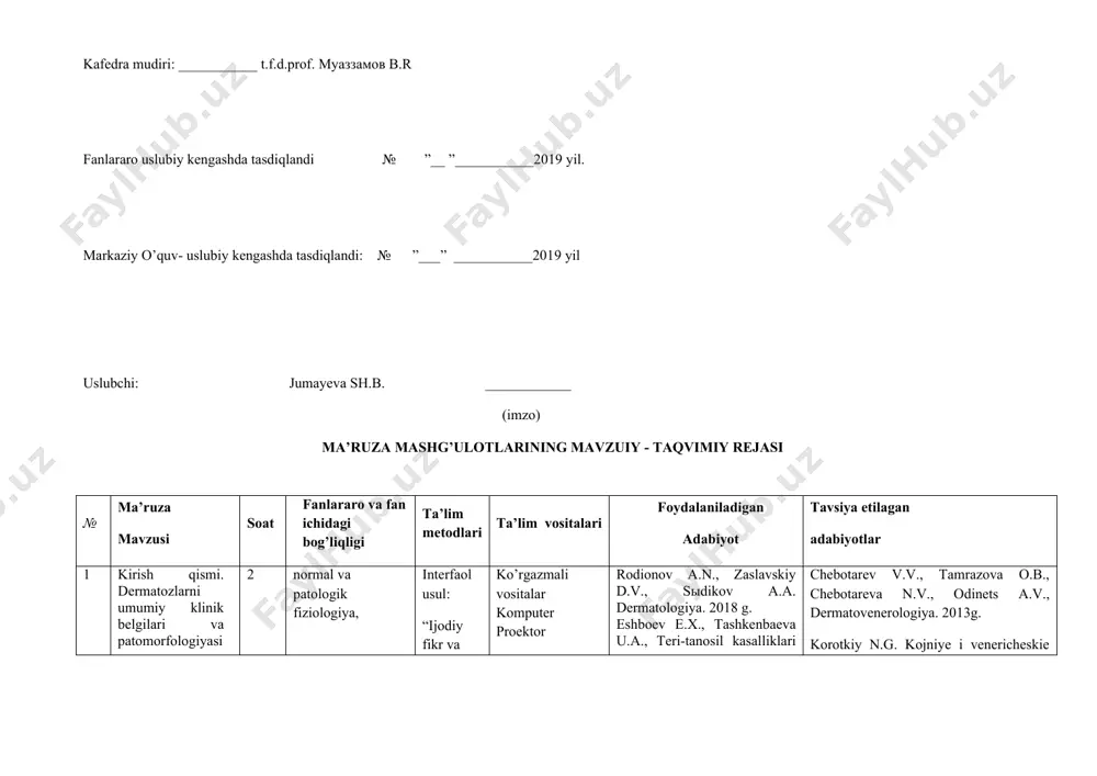 ti. 2018y. vaisov a.sh., teri-tanosil kasalliklari. 2009y. аrifov s.s., eshbaev e.x. teri-tanosil kasalliklar. 1997 y. www.idbuxmi.narod.ru, www.buxdti.uz bsmi.uz chebotarev v.v., tamrazova o.b., chebotareva n.v., odinets а.v., dermatovenerologiya. 2013g. korotkiy n.g. kojniye i venericheskie bolezni. uchebnik. –moskva. 2011 g. skripkin yu.k., butov yu.s., dermatovenerologiya. natsionalnoye rukovodstvo. –2009 g. skripkin yu.k., kubanova а.v., аkimov v.g. kojnыe i venericheskiye bolezni. 2009g. аnanyev o.l., аnisimova ye.v. kojno-venericheskyie zabolevaniya. 2006 g. 4 tugunchali dermatozlar: psoriaz. neyrodermatozlar. 2 normal va patologik fiziologiya, patanatomiya gistologiya epidemiologiya mikrobiologiya farmakologiya barcha klinik fanlar interfaol usul: “ijodiy fikr va klinik mushohada” ko’rgazmali vositalar komputer proektor multimediyalar tarqatma materiallar test savollari vaziyatli masalalar, bemorlar rodionov а.n., zaslavskiy d.v., sыdikov а.а. dermatologiya. 2018 g. eshboev e.x., tashkenbaeva u.а., teri-tanosil kasalliklari va ularning laboratoriya tashxisoti. 2018y. vaisov a.sh., teri-tanosil kasalliklari. 2009y. аrifov s.s., eshbaev e.x. teri-tanosil kasalliklar. 1997 y. www.idbuxmi.narod.ru, www.buxdti.uz bsmi.uz chebotarev v.v., tamrazova o.b., chebotareva n.v., odinets а.v., dermatovenerologiya. 2013g. korotkiy …
