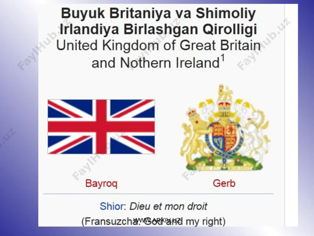 ishda britaniya imperiyasi tarkibida bo’lgan mamlakat va hududlarni birlashtiruvchi hamdo’stlikka boshchilik qiladi. www.arxiv.uz www.arxiv.uz tabiati b. b.ning yer yuzasi asosan pastgekislik. angliyaning shim.g’arbi toglikdan, markazi va jan.sharki tekislik va sertepa pasttekisliklardan, shotlandiyaning qirg’ogi egribugri, shim; qismi tor va chuqur glen-mor depressiyasi 2 qismga bo’lib turgan shim. shotlandiya tog’ligidan iborat. bu ikkala qismning jan.da (grampian tog’lari) mamlakatning eng baland cho’qqisi — ben-nevis (1343 m) ko’tarilib turadi. grampian tog’laridan jan.da shotlandiya pasttekisligi, undan jan.rokda jan. shotlandiya qiri (bal. 842 m gacha) joylashgan. ulardan g’arbda kamberlend tog’lari (skofell tog’i, 978 m) qad ko’targan. www.arxiv.uz www.arxiv.uz jan.ga tomon orol kengaya boradi; bu yerda — uels ya. o.ning g’arbida kembriy toglari (snoudon tog’i, 1085 m) bor. angliyaning g’arbiy qirg’og’ida keng qo’ltiqlar (liverpul, kardigan, bristol), markaziy va jan. qismlarida pasttekisliklar (shim. sharqiy feni, london havzasi, midlend, xempshir), qator asimmetrik tepalar (bal. 200– 300 m) bor. shim. irlandiya ayrim kichikkichik qirlardan (antrim, sperriin, morn va b.) iborat. …