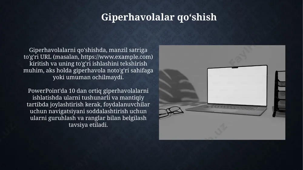 ms power point dasturida grafik, jadval, video obektlari, animatsiya va gipersilka bilan ishlash - Page 5