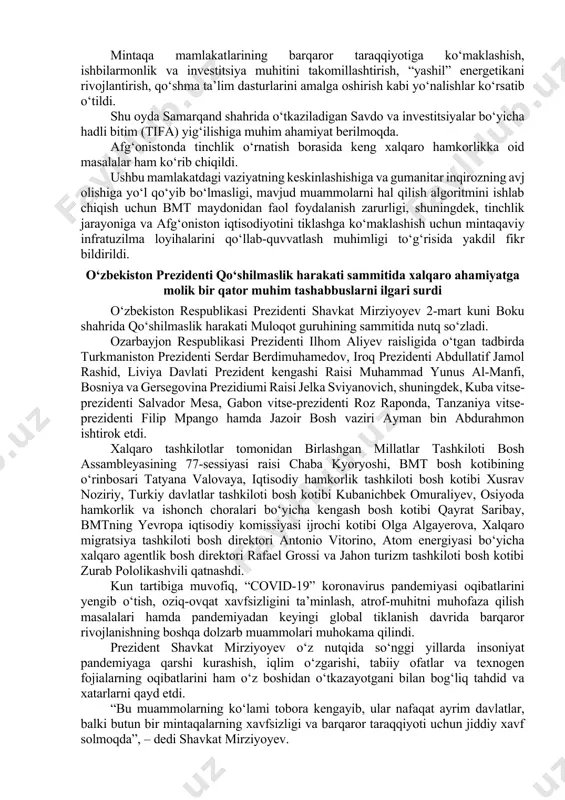 asi hamda mintaqaviy hamkorlikning muhim jihatlari ko‘rib chiqildi. suhbat avvalida davlat kotibi entoni blinken davlatimiz rahbariga qo‘shma shtatlar prezidenti jo baydenning salomi va eng ezgu tilaklarini yetkazdi. aqsh o‘zbekistonning mustaqilligi, suvereniteti va hududiy yaxlitligini doimo qo‘llab-quvvatlashda qat’iy ekani yana bir bor qayd etildi. mamlakatimizda amalga oshirilayotgan va ortga qaytmas tus olgan demokratik yangilanishlar, ijtimoiy-iqtisodiy islohotlarga yuksak baho berildi, ular to‘liq qo‘llab-quvvatlandi. ayniqsa, inson huquqlari va gender tenglikni ta’minlashda, majburiy mehnatga qarshi kurashishda, so‘z erkinligi va ommaviy axborot vositalarini qo‘llab-quvvatlash borasidagi islohotlarda, fuqarolik jamiyati institutlarini rivojlantirishda va ko‘plab boshqa yo‘nalishlarda erishilgan katta muvaffaqiyatlar alohida qayd etildi. uchrashuvda o‘zbekiston va aqsh o‘rtasidagi ko‘p qirrali munosabatlarda yuksak darajaga erishilgani katta mamnuniyat bilan ta’kidlandi. keng ko‘lamli hamkorlikni yanada rivojlantirish, shu jumladan strategik hamkorlik bo‘yicha samarali muloqotni ilgari surish va turli darajalarda sermahsul almashinuvlarni davom ettirish muhimligi tasdiqlandi. savdo-iqtisodiy, investitsion va innovatsion hamkorlikni rivojlantirish, amerika yetakchi kompaniyalarining o‘zbekiston bozoridagi faoliyatini kengaytirish, kooperatsiya loyihalarini, eng avvalo, …