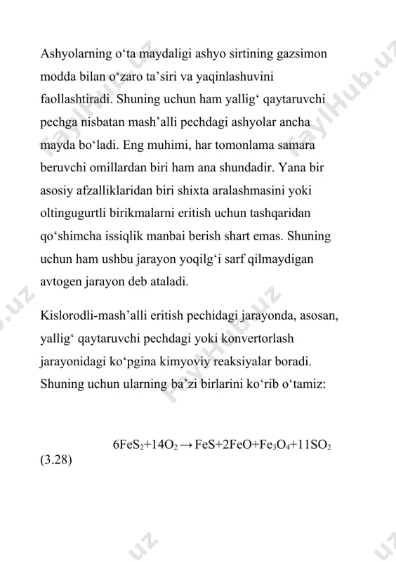 inishida) – 10% va hokazo. 6. purkash tarkibi: texnik kislorod (o2) – 95% va hokazo (hajm o‘lchamlarida). boyitmalarning ratsional tarkibini hisoblash olmaliq tog‘-metallurgiya kombinati mis eritish zavodida mis ish​lab chiqarish uchun chet ellardan keltiriluvchi va o‘z boyitish fabrika​sidan olingan boyitmalarni xomashyoning ratsional tarkibi 100 kg boyitma uchun hisoblanadi. olmaliq tog‘-metallurgiya kombinati mis boyitish fabrikasi kuy​dirilmagan boyitmasining quruq massa uchun tarkibi: cu – 20%, s – 36%, fe – 33%, sio2 – 6%, cao – 0,5% va hokazo. mis cufes2 va cus minerallarining taqsimlanishi, yuqorida keltirilgan birikmalarning molekular massasi quyidagicha topiladi: cu – 63,54; fe – 55,85; s2 – 32,06∙2=64,12. unda xalkopirit mineralining molekular massasi 63,54+55,85+64,12=183,51 kg bo‘ladi. xalkopirit (cufes2) miqdori quyidagichadir: cufes2 tarkibida misning miqdori: 20 ∙ 0,9 = 18 kg. cufes2 tarkibida temirning miqdori: kg. cufes2 tarkibida oltingugurt miqdori: kg. tekshirish: 18+15,8215+18,1643=51,9858 kg. kovelin (cus) miqdori quyidagicha: kg. cus tarkibida misning miqdori: 20 ∙0,1=2,0 kg. cus tarkibida oltingugurt miqdori: …