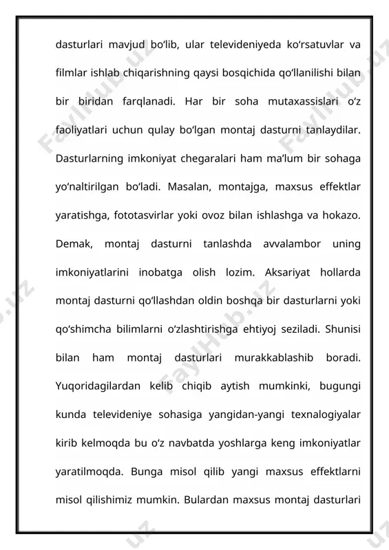 ishlarga bog‘liq axborot texnologiyalarining tadbiqi alohida fan sifatida vujudga kelmoqda. bu esa axborot texnologiyalari fani sohasi ko‘lamining kengayishiga olib keladi. 5 i bob. nazariy qism 1.1 maxsus effektlar uchun kompyuter taxnalogiyalari elektronika va kibernetikaning rivojlanishi asosida va tasvirlarni qayta ishlashni komyuter dasturlarida amalga oshirish natijasida yuzaga kelgan yangi vositalar, ularning keng tarqalishi tasviriy san’atda yangi bir yo‘nalish – “kompyuter grafikasi”ning paydo bo‘lishiga olib keldi. bu esa sanoat va maishiy dizayn ko‘rinishini o‘zgarishiga sabab bo‘ldi. “kompyuter grafikasi” termini endilikda kino sanoatida kompyuter maxsus effektlari deb qo‘llanilmoqda. kompyuter maxsus effektlarning paydo bo‘lishi kino, musiqali kliplar va teleko‘rsatuvlar uchun muhim o‘zgarishlar davrini boshlab berdi. kompyuter maxsus effektlarda quyidagi jixatlar kiritilgan: kompyuter animatsiyasi, va kompyuter grafikasi elementlari va kinodagi tasviriy safatiga juda kuchli ta’sir ko‘rsatadi. maxsus effektlar (qisqartirilgan spfx yoki sfx) kino, televidenie va ko‘ngilochar sohalarda kosmik sayohat kabi sahnalarni amalga oshirish uchun ishlatiladi. ular, shuningdek, effektni oddiy vositalar yordamida yaratish juda qimmatga tushganda …