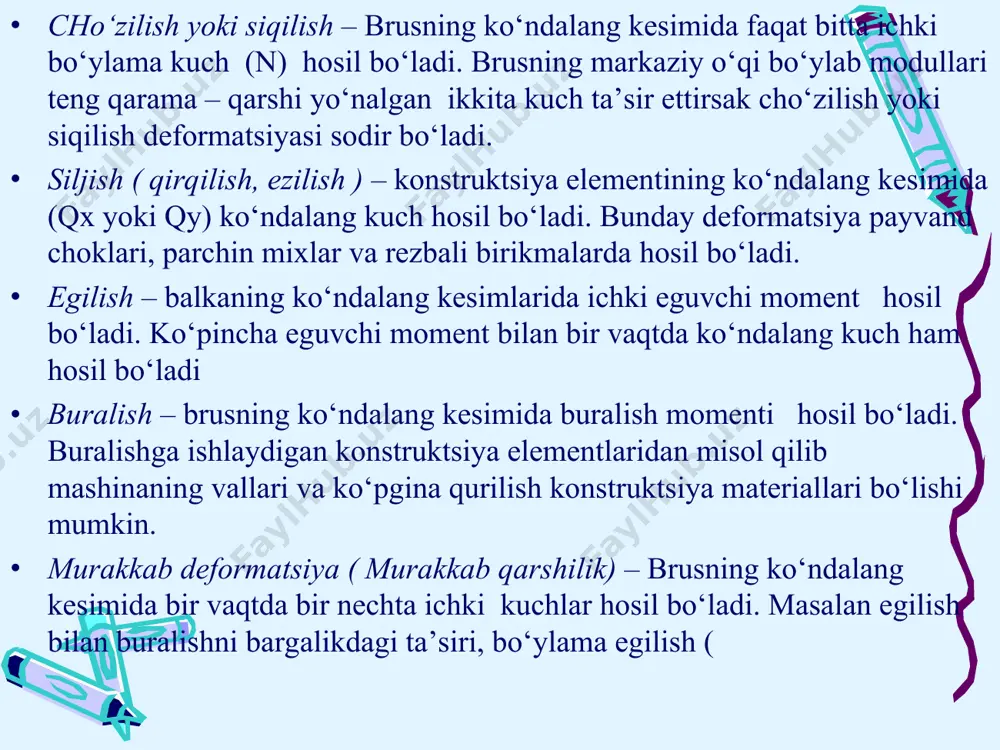bo‘ylama kuch nx balkaning kesimini cho‘zsa-musbat, siqsa-manfiy olinadi. eguvchi moment, kesuvchi va bo‘ylama kuchlarning balka o‘qi bo‘ylab o‘zgarish qonunini ko‘rsatuvchi grafikcha ularning epyuralari deyiladi. bu epyuralar balkaning qanday kesimlarida mx va qx kuchlarning maksimal qiymatga erishganligini aniq ko‘rsatadi. σх =n1 – p1 = 0; n1 = p1 σх3 = p2 – p1 -2p3 + n3 = 0; n3 = p1 +2p3 – p2 топилган n1, n2 ва n3 — қийматларни график равишда тасвирласак, энг катта куч тўғри келган кесимни топиш кийин бўлмайди. стержеининг узунлиги бўйича ички куч ўзгаришини кўрсатадиган график ички куч эпюраси ёки бўйлама куч эпюраси дейилади. ички куч эпюрасини қуриш учун стержень ёнидан стержень ўқига параллел ав тўғри чизиғи ўтказилади. сўнгра стерженнинг участка белгиларидан горизонтал чизиқлар ўтказилади. ички кучнинг қиймати мусбат бўлса, ав чизиғининг ўнг томонига, манфий бўлса, чап томонига учсаткаларни ажратувчи горизонтал чизиқ бўйлаб маълум масштабда қўйилади . ички куч кийматининг куч масштаби кр қуйидагича топилади: бунда …