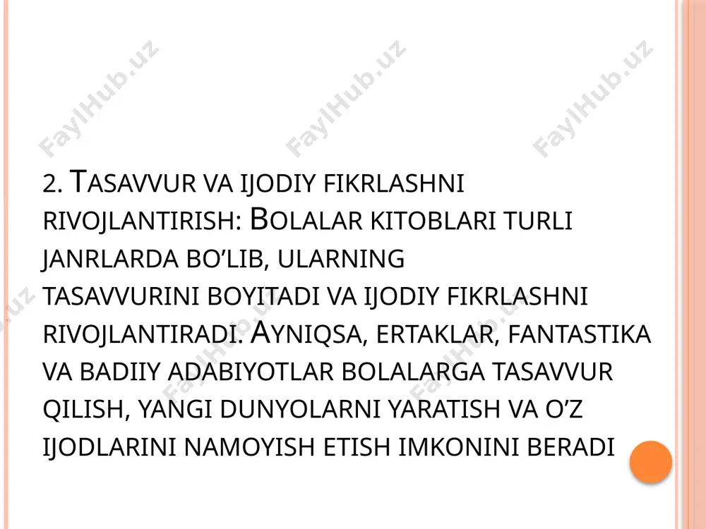 oy bo’lishi kerak. bolalar o’qishdan ko’ra kitobni o’zlari qo’lga olib, uning tasvirlari bilan o’ynashadi. kitoblar qisqa, sodda matnlarga ega bo’lib, bolalar diqqatini jalb qilish uchun ajoyib rasm va ranglardan foydalaniladi. • 3–6 yosh: bu yoshda bolalar hikoyalarni qisqacha tushunishga qodir. ularning qiziqishlari ko’proq oddiy hikoyalarga, hayvonlar, tabiat va atrof-muhitga oid mavzulara qaratiladi. matn oddiy va qisqa bo’ladi, lekin ularning tasavvurlarini rivojlantiradi. • 7–10 yosh: bolalar o’zlarining o’qish qobiliyatlarini rivojlantira boshlaydilar. ular uchun ko’proq murakkab hikoyalar va qisqa romanlar tavsiya etiladi. ushbu yoshdagi bolalar bir nechtapersonajlar va voqealarni kuzatishni o’rganadilar, bu esa ularning tafakkurini kengaytiradi. • 11 yoshdan katta: bu yoshdagi bolalar murakkabroq matnlarni tushunishga tayyor bo’lib, ularning qiziqishlari kengayadi. ular tarix, ilm-fan, sarguzashtlar, ilmiy fantastika kabi kitoblarni o’qishni boshlaydilar. hikoyalar uzoqroq, o’quvchilarning tahlil qilish va tushunish ko’nikmalarini rivojlantirishga mo’ljallangan bo’ladi. 2. o’yin va tasavvurga asoslangan o’qish. bolalar uchun kitobxonlik faqatgina bilim olish emas, balki o’yin va tasavvurga asoslangan faoliyatdir. bolalar …