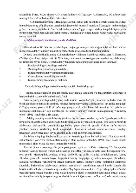 n tuzilgan «munshaot» («xatlar») asari jahon adabiyoti tarixidagi ulkan manbalardan biri hisoblanadi. unga 88 ta ruq’a (xat) kiritilgan. bu xatlar buyuk adibning turli holat va vaziyatdagi kayfiyatim realistik aks ettirgan tarixiy hujjatlargina emas, balki navoiyning adabiy-tanqidiv qarasldanning nozik qirralarini ifodalagani bilan ham qimmatlidir ayni vaqtda, bu maktublar o'z davridagi adabiyot, san'at, madaniyat rivojiga muayyan darajada ta’sir kolrsatgani hain shubhasizdir. adabiy xarakterdagi maktubda muallifning adabiyot, badiiy asar haqidagi xolis mulohazalari birinchi o'rinda turadi. shu nuqtayi nazardan qaralsa, adabiy-tanqidiy maktubning o‘ziga xos janriy belgilari quyidagilarda ko'rinadi: adabiv-tanqidiy xarakterdagi maktub yozuvchiga, asar qahramonlariga (shartli). tanqidchiga, kitobxonga murojaat qilib yoziladi. adabiy tanqidning boshqa janrlaridan farqli o'laroq unda murojaat ruhi, ta`kid ohangi, ba’zan intim mushohadalar yetakchilik qiladi. bu janr rivoji va takomilida fitrat. m.qo‘shjonov, o. sharafiddinov, o.tog‘ayev, u.normatov, i.g‘afurov kabi munaqqidlar maktublari niuhim o‘rin tuiadi. o.sharafiddinovning i.haqqulga yozgan ochiq xati misolida o‘zbek tanqidchiiigidagi inaktub janrining sifat jihatdan yangilanish jarayonini kuzatisli mumkin. munaqqid mahoratidagi go‘zal va …