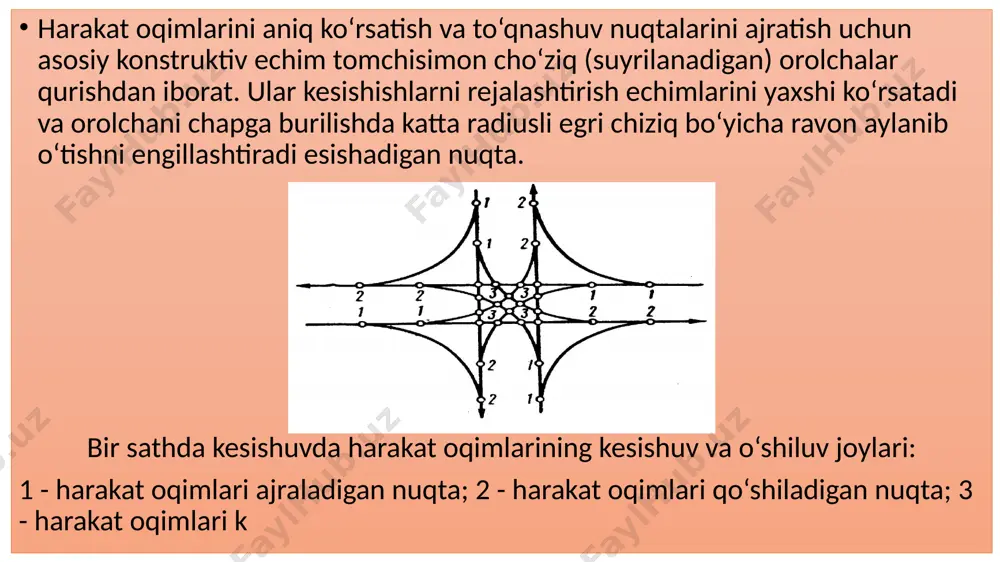 keladi, ularni keltirilgan uchta usulning birini qo‘llab amalga oshirish mumkin. .turli sathlarda kesishishlarda chapga burilishlarni amalga oshirish sxemasi: a - ko‘prikni o‘tgandan keyin o‘ngga 270o ga burilish yordam ida; b- taqsimlash halqasi bo‘yicha; v- maxsus chapga bo‘rilishli tushish yo‘llari bilan. turli sathlardagi murakkab kesishuvlar harakat jadalligi yuqori bo‘lgan avtomobil magistrallarida, ayniqsa chapga buriladigan avtomobillar ulushi katta bo‘lganida avtomobillarning chapga burilish sirtmoqlarida ortiqcha yo‘l bosishi va bunda tezlikning ancha pasayishi natijasida avtomobillarning jami yo‘otishlari juda sezilarli bo‘ladi. bunday hollarda tezlikni pasaytirmasdan eng qisqa yo‘nalish bo‘ylab chap tomonga burilishni ta’minlaydigan tushib kelish yo‘llari bo‘lgan kesishuvlar loyihalanadi. biroq bu hol uch yoki to‘rt sathda murakkab va qimmatga tushadigan inshootlar qurish bilan bog‘liq (q3.26-rasm). bunday inshootlar jami harakat intensivligi sutkasiga bir necha yuz ming avtomobilni tashkil etadigan magistrallarda quriladi. odatda, bunday kesishuvlar barcha yo‘nalishlarda harakatlanish uchun bir xilda qulaylik yaratadi va shunday qilib, barcha yo‘nalishlarda harakat jadalligi bir xil, yo‘llar teng deb faraz qilinadi. …