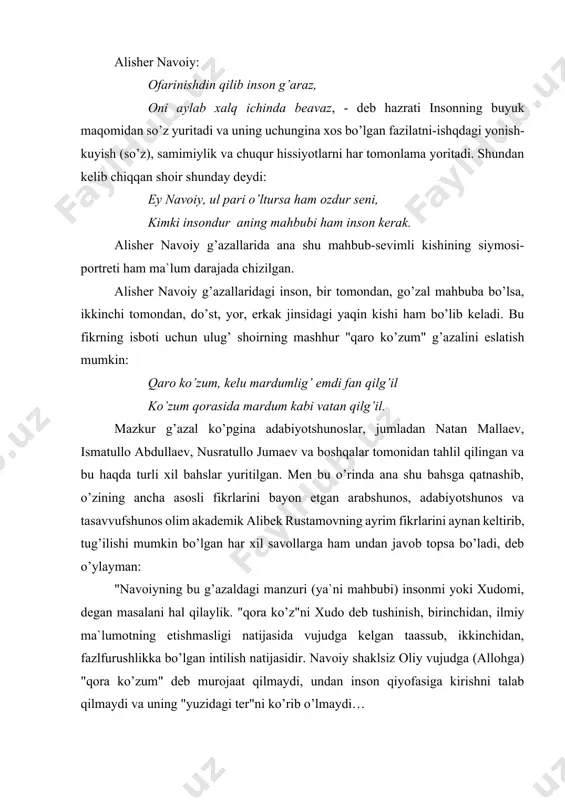 sh, birinchidan, ilmiy ma`lumotning etishmasligi natijasida vujudga kelgan taassub, ikkinchidan, fazlfurushlikka bo’lgan intilish natijasidir. navoiy shaklsiz oliy vujudga (allohga) "qora ko’zum" deb murojaat qilmaydi, undan inson qiyofasiga kirishni talab qilmaydi va uning "yuzidagi ter"ni ko’rib o’lmaydi… navoiyning bu g’azaliga manzuri (mahbubi) yigitmi, qizmi degan savolga yigit deb javob berishimiz kerak bo’ladi… uning yigitligini tan olmaslikka harakat qilish navoiyning ishqi ma`naviy ishq ekanligini hisobga olmaslik natijasidir. ma`naviy ishqda jins va yoshning ahamiyati bo’lmaydi". bundan ma`lum bo’ladiki, navoiy g’azaliyotida ham insoniy (ayol-erkak o’rtasidagi), ham ma`naviy (jinsi farq qilmaydi) hamda haqiqiy (alloh taolaga nisbatan) ishq o’z ifodasini topgan bo’lib, ana shu asosda uning timsollari ham belgilanadi: oshiq-ma`shuqa, do’st-yor, alloh-solik va boshqalar. navoiy talqini bo’yicha, ishq - bulhavaslik, mas`uliyatsizlik va axloqsizlikni emas, balki samimiylik, fidoiylik va o’zni idora qila bilishlikni talab qiladi. gar jafo qil, gar vafokim, dilsitonim sen mening, gar meni o’ltur v-agar tirguzki, jonim sen mening. alisher navoiy she`riyatida haqiqiy ishq - …