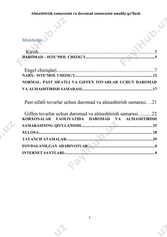nki iste’mol uchun muhim tovarlar ( un, guruch, yog’, sabzavot mahsulotlari va shu kabilar) iste’molchilar qanday daromad olgan taqdirda ham sotib olinadi. daromadning ortishi ularning miqdorini ko’paytirishi yoki sifatliroq mahsulot turlariga almashtirishi mumkin, lekin daromad kamaygani bilan talab yo’qolib qolmaydi. zeb – ziynat buyumlari, oliy sifatli qimmatbaho tovarlarni sotib olishuchun daromadning ma’lum darajaga yetishi talab qilinadi. prezidentimiz islom karimov 2013 –yil yakunlari va 2014 – yilga belgilangan ustuvor yo’nalishlariga bag’ishlangan ma’ruzasida aholi daromadlari va iste’mol xarajatlariga alohida to’xtalib o’tdi. “2013 – yilda xalqimizning real daromadlari 16 % ga ortdi, o’rtacha oylik, ish haqi, pensiya va stipendiyalar 20,8 % ga ko’paydi. 2013 – yilda 2000 – yilga nisbatan aholimizning iste’mol xarajatlari 9,5 barobar ortganining o’zi ko’p narsadan dalolat beradi. 2 so’nggi paytlarda jon boshiga to’g’ri keladigan eng muhim oziq – ovqat tovarlari bo’yicha iste’mol hajmi muttasil ortib bormoqda, ayni vaqtda nooziq – ovqat mahsulotlarni xarid qilish va xizmatlar uchun to’lanadigan sarf …