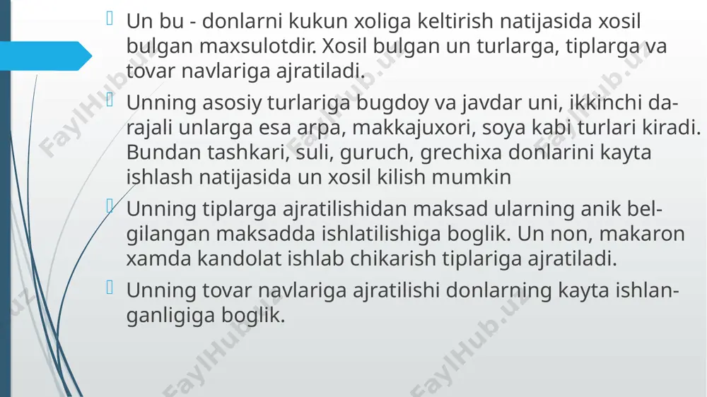 ng foydali xususiyatlariga va organizmga zarar yetkazishi mumkinligidan manfaatdor un mahsulotini boyitish usullari oʻzbekistonga i nav bugʻdoy uni faqat mikronutriyentlar bilan boyitilgan holda import qilish mumkin boʻladi hozirgi kunda mikronutriyentlar bilan boyitilgan bugʻdoy unining darajasi ishlab chiqariladigan va import qilinadigan barcha navdagi unning 30%ini tashkil qilayotganligi shunday qaror qabul qilinishini taqozo etdi mikronutriyentlar bilan boyitilgan unni aholining 56%i iste’mol qiladi, temir yetishmasligi anemiyasi profilaktikasini ta’minlash uchun aholining 90%ini qamrab olish darkor. mikronutriyentlar - inson organizmining normal oʻsishi va rivojlanishi uchun zarur boʻlgan, oʻrnini boshqa narsa bosa olmaydigan oziq-ovqat moddalari (vitaminlar va mineral moddalar) un mahsulotini ishlab chiqarish texnalogiyasi bug’doy dastlab tozalanadi, bunda undagi tuproq va boshqa begona dukkakli donlardan tozalanadi. ushbu taklif qiladigan uskuna bug’doyni polirovka qilish xuxusiyatiga ega va bug’doy yaltirab toza holatga keladi. bug’doyni yuvish orqali tozalashdan ko’ra ushbu bosqich bir qator yengilliklarga ega. bug’doyni tozalashda uning sifatiga qarab taxminan 0.2-0,5% miqdorida yo’qotish kuzatiladi. ushbu uskunadan foydalanish qulay …