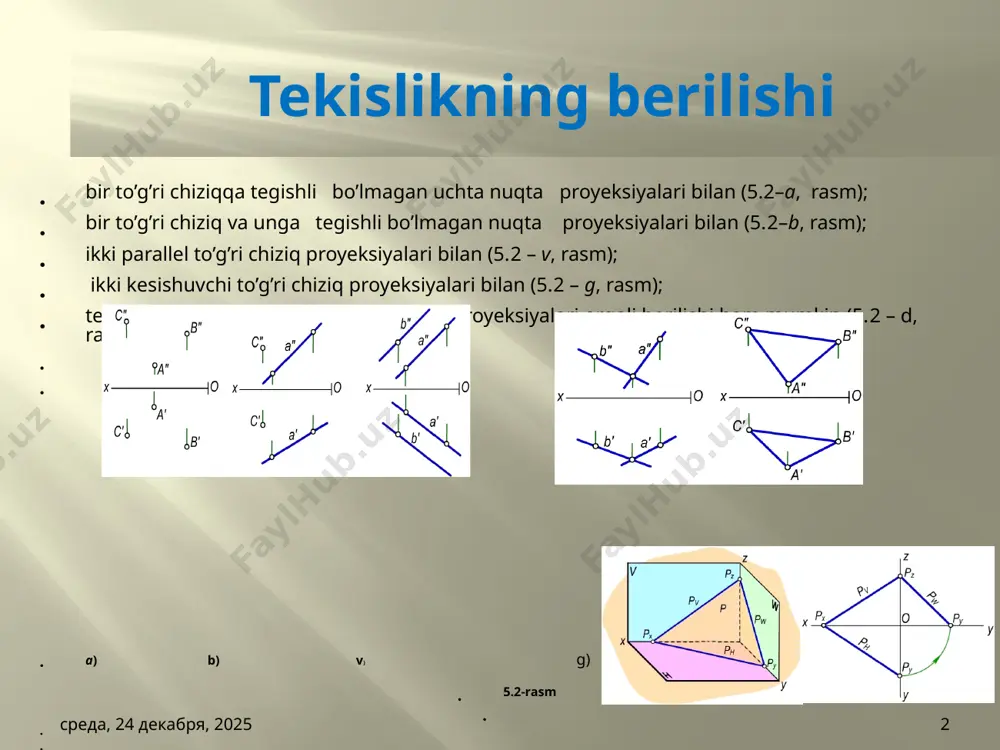 adi. пятница, 4 октября 2013 г. 4 gorizontal proyeksiyalovchi tekislik ta’rif. gorizontal proyeksiyalar tekisligiga perpendikulyar tekislik gorizontal proyeksiyalovchi tekislik deyiladi. пятница, 4 октября 2013 г. 5 frontal proyeksiyalovchi tekislik ta’rif. frontal proyeksiyalar tekisligiga perpendikulyar bo’lgan tekislik frontal proyeksiyalovchi tekislik deyiladi. пятница, 4 октября 2013 г. 6 profil proyeksiyalovchi tekislik ta’rif. profil proyeksiyalar tekisligiga perpendikulyar tekislik profil proyeksiyalovchi tekislik deb ataladi. пятница, 4 октября 2013 г. 7 5.4-§. proyeksiyalar tekisligiga parallel tekisliklar ta’rif. gorizontal proyeksiyalar tekisligiga parallel tekislik gorizontal tekislik deyiladi. ta’rif. frontal proyeksiyalar tekisligiga parallel t ekislik frontal tekislik deyiladi. ta’rif. profil proyeksiyalar tekisligiga parallel tekislik profil tekislik deyiladi. пятница, 4 октября 2013 г. 8 5.5-§. tekislik va to’g’ri chiziqning o’zaro joylashuvi to’g’ri chiziq va tekislik fazoda o’zaro quyidagi vaziyatlarda bo’lishi mumkin: to’g’ri chiziq tekislikka tegishli (ap), to’g’ri chiziq tekislik bilan kesishadi (ap), to’g’ri chiziq tekislikka parallel (ap), to’g’ri chiziq tekislikka perpendikulyar (ap). пятница, 4 октября 2013 г. 9 5.6-§. …