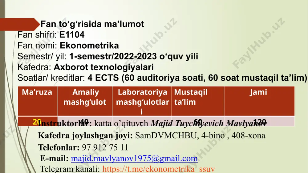 va bevosita hisoblash jarayonlari amalga oshiriladi verifikatsiya qilish tuzilgan modelni ahamiyati to’rtta yo’nalish bo’yicha tekshiriladi iqtisodiyotni ekonometrik modellashtirish asoslari ekonometrikaning maqsadi- bu real iqtisodiy ob’ektlarni modellashtirish va miqdoriy tahlil qilishning usullarini ishlab chiqishdan iborat. ekonometrikaning vazifalari: 1) modelni spetsifikaцiya qilish - empirik tahlil uchun ekonometrik modellarni tuzish. 2) modelni parametrlashtirish - tuzilgan model parametrlarini baholash. 3) modelni verifikatsiya qilish - model parametrlari sifatini va butun modelning o‘zini tekshirish. 4) model asosida prognoz qilish - ekonometrik modellashtirish natijalari bo‘yicha aniq iqtisodiy hodisalar uchun prognozlar tuzish va takliflar ishlab chiqish. iqtisodiyotni ekonometrik modellashtirish asoslari ekonometrik modellashtirish va modellarning ahamiyati quyidagilarda namoyon bo‘ladi: 1) ekonometrik usullar yordamida moddiy, mehnat va pul resurslaridan oqilona foydalaniladi. 2) ekonometrik usullar va modellar iqtisodiy va tabiiy fanlarni rivojlantirishda etakchi vosita bo‘lib xizmat qiladi. 3) ekonometrik usullar va modellar yordamida tuzilgan prognozlarni umumiy amalga oshirish vaqtida ayrim tuzatishlarni kiritish mumkin bo‘ladi. 4) ekonometrik modellar yordamida iqtisodiy jarayonlar faqat …