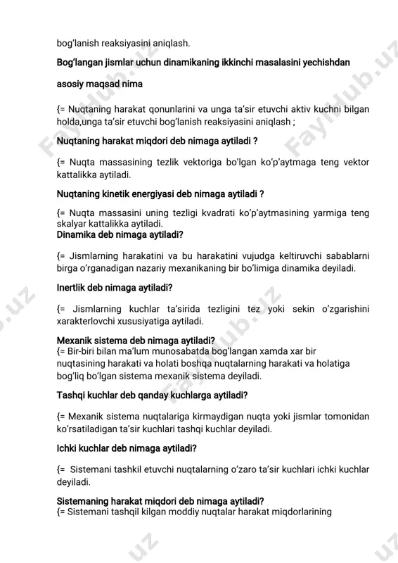 huningdek jismlarningbir–biribilano’zarota’sirinio’rganadiganfanganazariymexanikadeyiladi. d.materialjismlariningfizikxususiyatlarinio’rganadiganfanganazariymexanikafanideyiladi. 2.mexanikharakatdebnimagaaytiladi? a.tekislikdajismlarningbir–biriganisbatanvaziyatiningo’zgarishigaaytiladi. b.jismningvaqtgabog’liqholatiningo’zgarishigamexanikharakatdeyiladi. s.jism bo’laklarinivaqtgabog’liqholatiningo’zgarishigamexanikharakatdeyiladi. d*.jismlarningfazodavaqtgabog’liqbir–biriganisbatanvaziyatinio’zgartirishigamexanik harakatdeyiladi. 3.statikadebnimagaaytiladi? a*.kuchlarto’g’risida umumiy bilim beruvchiva kuchlarta’siridagimaterialjismlarning muvozanatinio’rgatuvchinazariymexanikaningbo’limigastatikadeyiladi. b.jismlarningkuchlarta’siridagiharakatinio’rgatuvchinazariymexanikaningbo’limigaaytiladi. s.jismlarningmuvozanatshartlarinio’rgatadigannazariymexanikaningbo’limigaaytiladi. d.jismlargata’siretuvchikuchlarhaqidabilim beruvchinazariymexanikaningbo’limigaaytiladi. 4.kuchdebnimagaaytiladi? a.moddiynuqtalarningo’zarota’sirinixarakterlovchikattalikkakuchdebataladi. b*.moddiynuqtalarningo’zarota’sirlariningmiqdoriyo’lchovigakuchdebaytiladi. s.moddiynuqtalarningo’zarovaziyatinixarakterlovchikattalikkakuchdebaytiladi. d.moddiynuqtalarnio’zarota’sirlarinixarakterlovchikattalikkakuchdebataladi. 5.erkinjism debnimagaaytiladi? a.jism fazodaharakatlanaolsa,bundayjismgaerkinjism deyiladi. b*.jism fazodaixtiyoriytomongaharakatlanaolsa,bundayjism erkinjism deyiladi. s.jism fazodaixtiyoriyyo’nalishdatebranaolsa,bundayjism erkinjism deyiladi. d.jismningtekislikdagimuvozanatholatigaerkinjism deyiladi. 6.statikaningbirinchiaksiomasinianiqlang. a.erkinbo’lmaganjismningistalgannuqtasigamiqdorlariteng,yo’nalishiesashunuqtalardan o’tuvchito’g’richiziqbo’yichaqarama-qarshitomongayo’nalganikkitakuchta’siretsa,bunday kuchlarta’siridajism muvozanatdabo’ladi. b.bog’langanjismningistalganikkinuqtasigamiqdorlariteng,yo’nalishiesashunuqtalardan o’tuvchito’g’richiziqbo’yichaqarama-qarshitomongayo