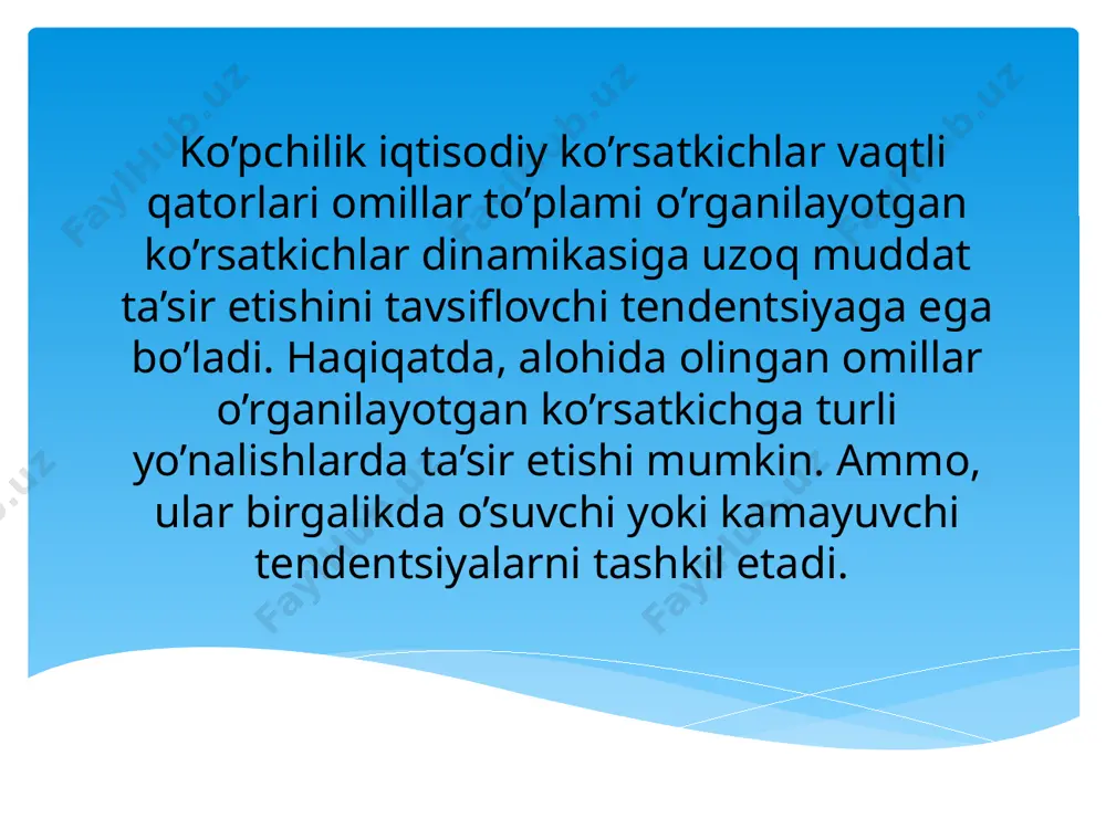 tudasi taxminan o’zgarmas bo’lsa, turli tsikllar uchun masumiy komponentalar qiymatlari o’zgarmas bo’lgan vaqtli qatorning additiv modeli tuziladi. agar masumiy tebranish amplitudasi o’sib yoki kamayib borsa, davriy qatorning darajasi masumiy komponentani qiymatiga bog’liq bo’lgan vaqtli qatorning multiplikativ modeli tuziladi. additiv va multiplikativ modellarni tuzish vaqtli qatorning har bir darajasi uchun t, s va e kompnentalarning qiymatlarini hisoblashga olib keladi. modelni tuzish jarayoni bir necha bosqichdan iborat: berilgan qatorni sirg’anchiq o’rtacha usul bilan tekslash; 2. s – mavsumiy komponentaning qiymatini hisoblash; 3. qator tenglamasidan mavsumiy komponentalarni chiqarib tashlash va additiv modelda (t+e) yoki multiplikativ modelda (t·e) tekslangan qiymatlarni topish; 4. (t+e) yoki (t·e) darajalarni analitik tekslash va hosil bo’lgan trend tenglamasini qo’llab t ning qiymatlarini hisoblash; 5. hosil bo’lgan modelda (t+e) yoki (t·e)ning qiymatlarini hisoblash; 6. mutloq va/yoki nisbiy hatoliklarni hisoblash. esty e’tiboringiz uchun raxmat!!! image2.png image3.png image4.png image5.png /docprops/thumbnail.jpeg
