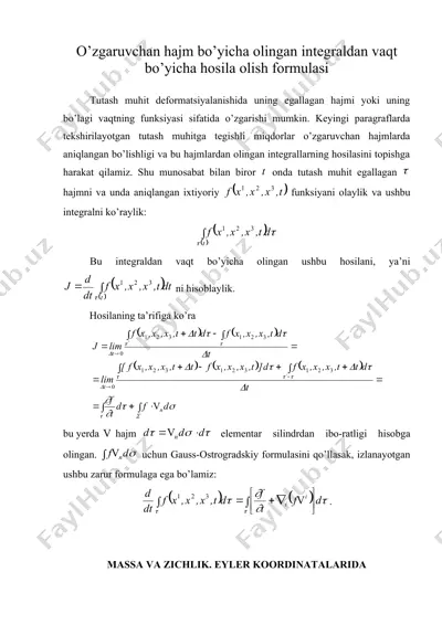 o’zgaruvchan hajm bo’yicha olingan integraldan vaqt bo’yicha hosila olish formulasi — DOC