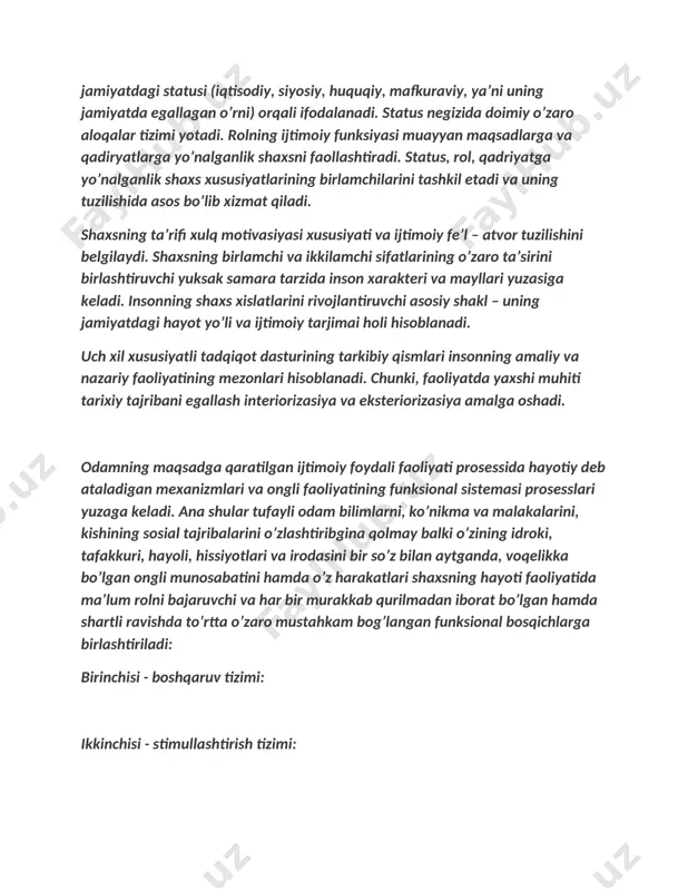 ksak samara tarzida inson xarakteri va mayllari yuzasiga keladi. insonning shaxs xislatlarini rivojlantiruvchi asosiy shakl – uning jamiyatdagi hayot yo’li va ijtimoiy tarjimai holi hisoblanadi. uch xil xususiyatli tadqiqot dasturining tarkibiy qismlari insonning amaliy va nazariy faoliyatining mezonlari hisoblanadi. chunki, faoliyatda yaxshi muhiti tarixiy tajribani egallash interiorizasiya va eksteriorizasiya amalga oshadi. odamning maqsadga qaratilgan ijtimoiy foydali faoliyati prosessida hayotiy deb ataladigan mexanizmlari va ongli faoliyatining funksional sistemasi prosesslari yuzaga keladi. ana shular tufayli odam bilimlarni, ko’nikma va malakalarini, kishining sosial tajribalarini o’zlashtiribgina qolmay balki o’zining idroki, tafakkuri, hayoli, hissiyotlari va irodasini bir so’z bilan aytganda, voqelikka bo’lgan ongli munosabatini hamda o’z harakatlari shaxsning hayoti faoliyatida ma’lum rolni bajaruvchi va har bir murakkab qurilmadan iborat bo’lgan hamda shartli ravishda to’rtta o’zaro mustahkam bog’langan funksional bosqichlarga birlashtiriladi: birinchisi - boshqaruv tizimi: ikkinchisi - stimullashtirish tizimi: uchinchisi – stabilizasiyalash tizimi: to’rtinchisi – indikatsiyalash tizimi: shaxsning ana shu sotsial ahamiyatga ega bo’lgan barcha sifatlari …
