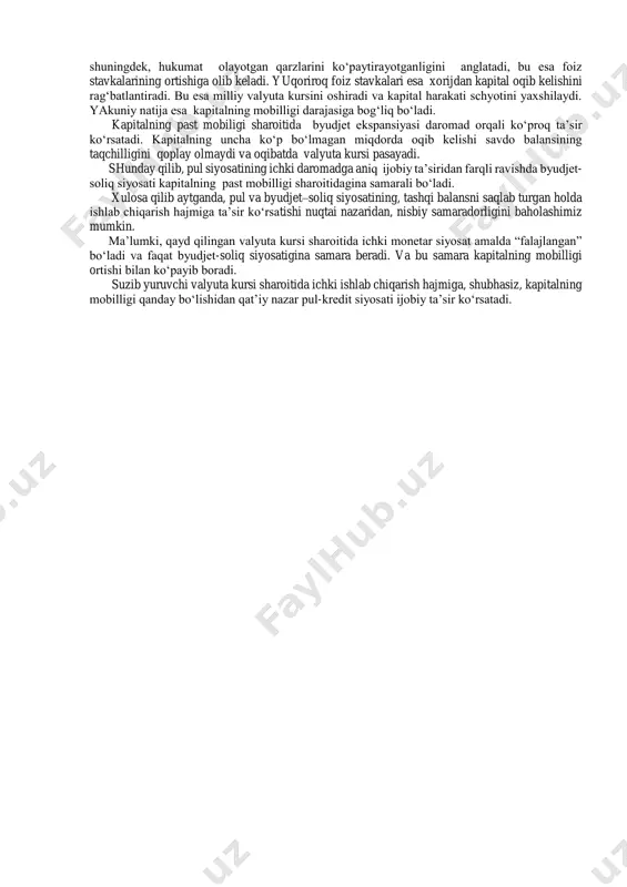 ik misolni ko‘rib chiqamiz. mamlakat banklaridagi aktivlar va pasivlarning tengligi shartini m=res+ds ko‘rinishida yozishimiz mumkin. bu tenglik pul taklifi (bank tizimining majburiyati) valyuta rezervlari (sof xorijiy aktivlar) va bank tizimining ichki kreditlari yig‘indisiga tengligini anglatadi. demak, pul taklifi ham ichki, ham tashqi omillarga bog‘liq. pul taklifining o‘zgarishini δm=δres +δds ko‘rinishida tasvirlash mumkin. bu erda δres to‘lov balansining taqchilligi yoki ortiqchaligiga mos keladi. tashqi balansni tiklash, o‘z navbatida valyuta kursini saqlab turish zaruriyati xorijiy aktivlarni sotish va sotib olishni talab qiladi. bu esa valyuta rezervlarining ko‘payishi yoki kama yishini keltirib chiqaradi. lekin, rezervlarni sotish barobarida markaziy bank muomaladagi pulning bir qismini chiqarib oladi. rezervlarni sotib olish bilan esa pul taklifi hajmini ko‘paytiradi. markaziy bank to‘lov balansining iqtisodiyotdagi pul taklifiga ta’sirini valyuta rezervlari o‘zgarishini sterillash orqali neytrallashtirishi mumkin. masalan, (to‘lov balansi taqchilligini yoki almashinuv kursi pasayishini bartaraf qilish maqsadlarida foydalanilishi natijasida) rezervlar qisqarganida markaziy bank ichki aktivlarni pul taklifi hajmi o‘zgarmasligini ta’minlaydigan …